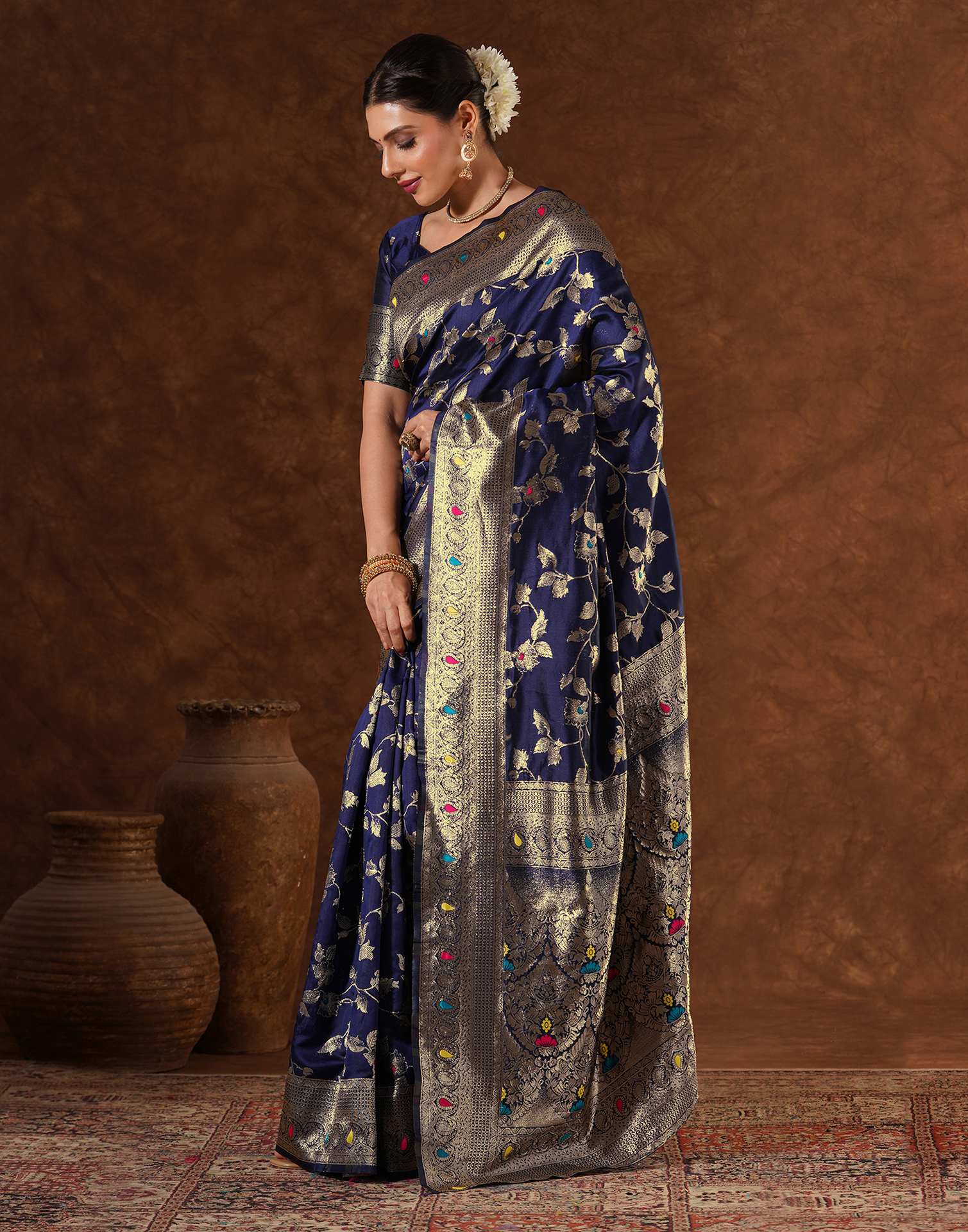 Blue Silk Woven Banarasi Saree - Image 4