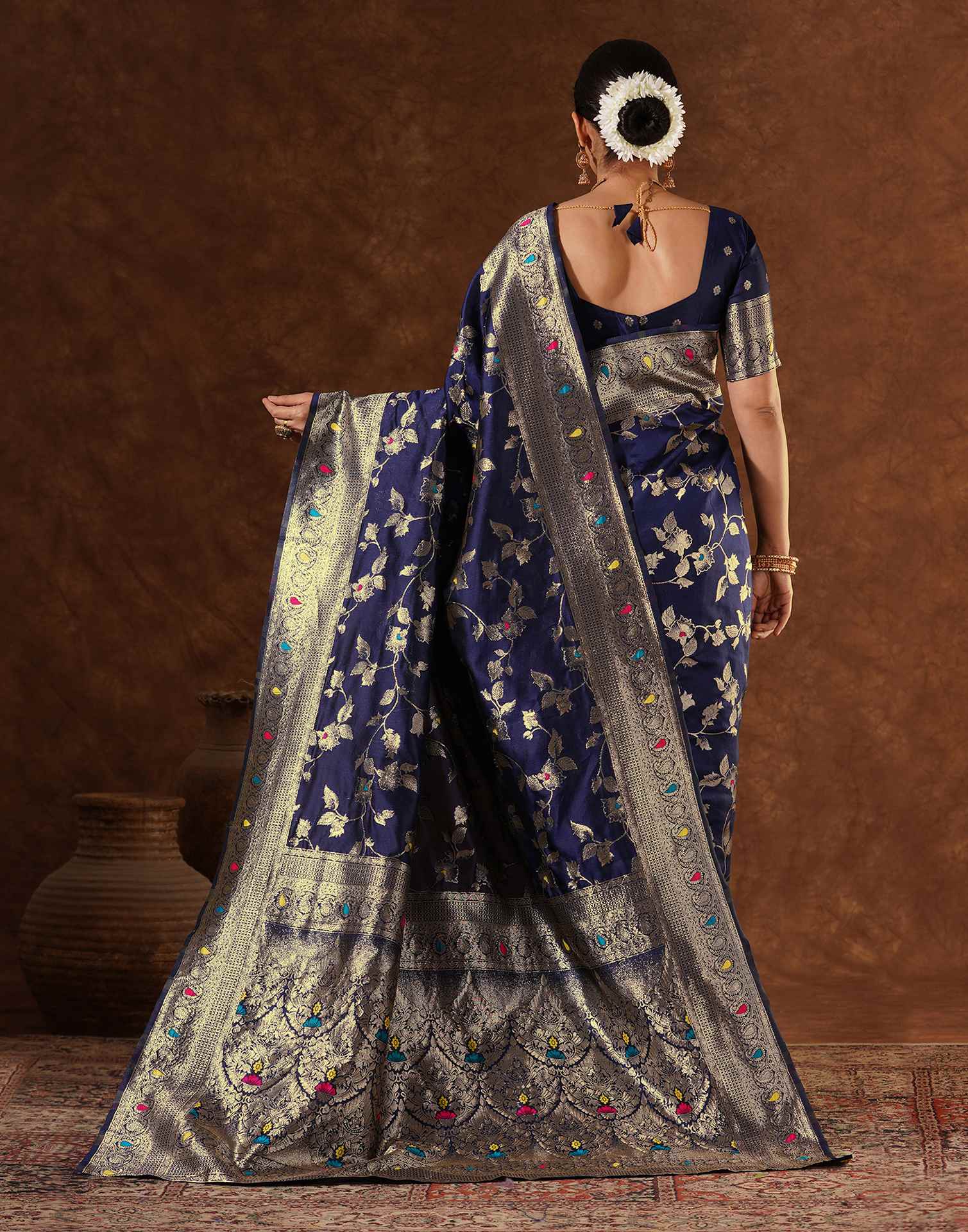 Blue Silk Woven Banarasi Saree - Image 6