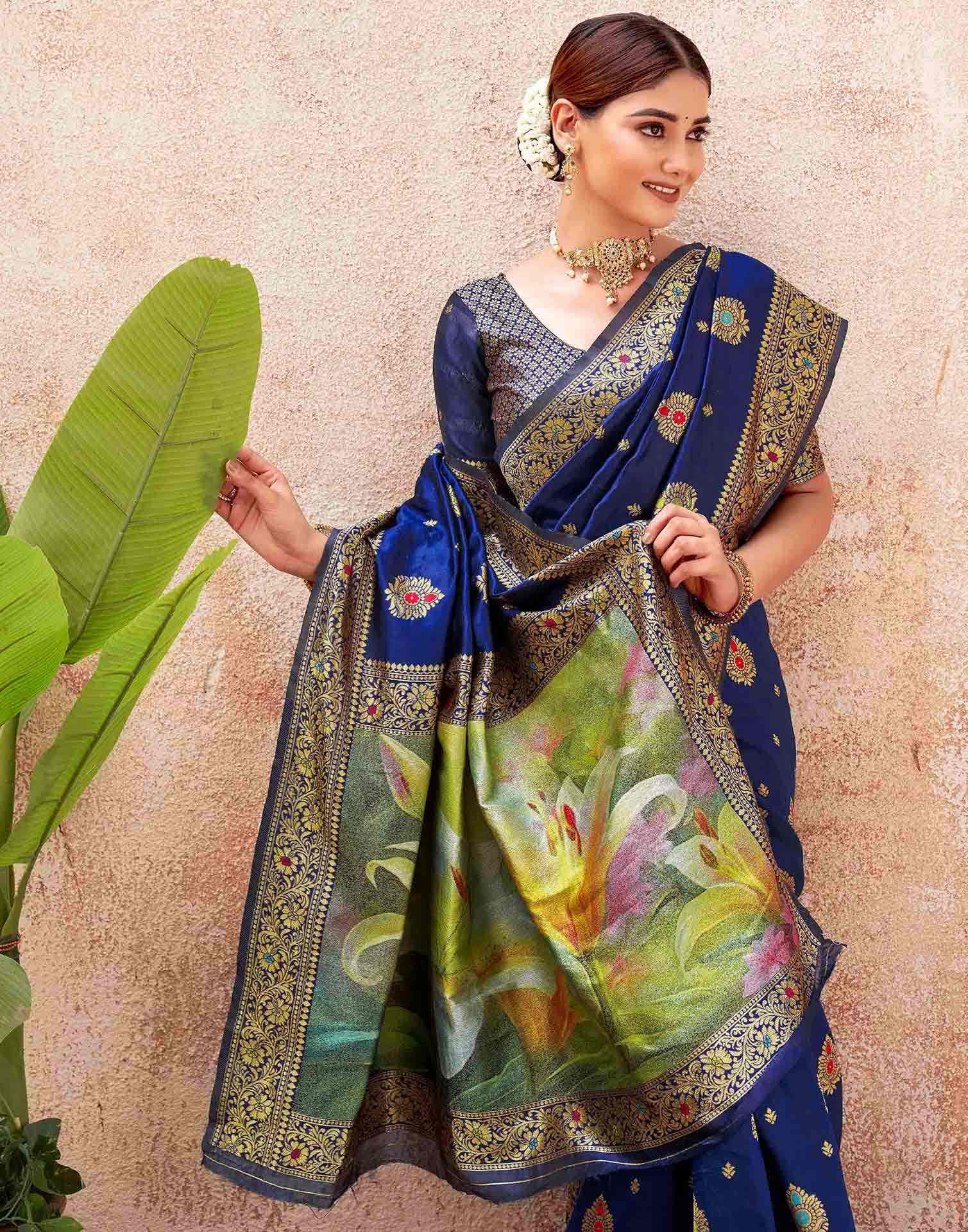 Blue Silk Woven Banarasi Saree - Image 2