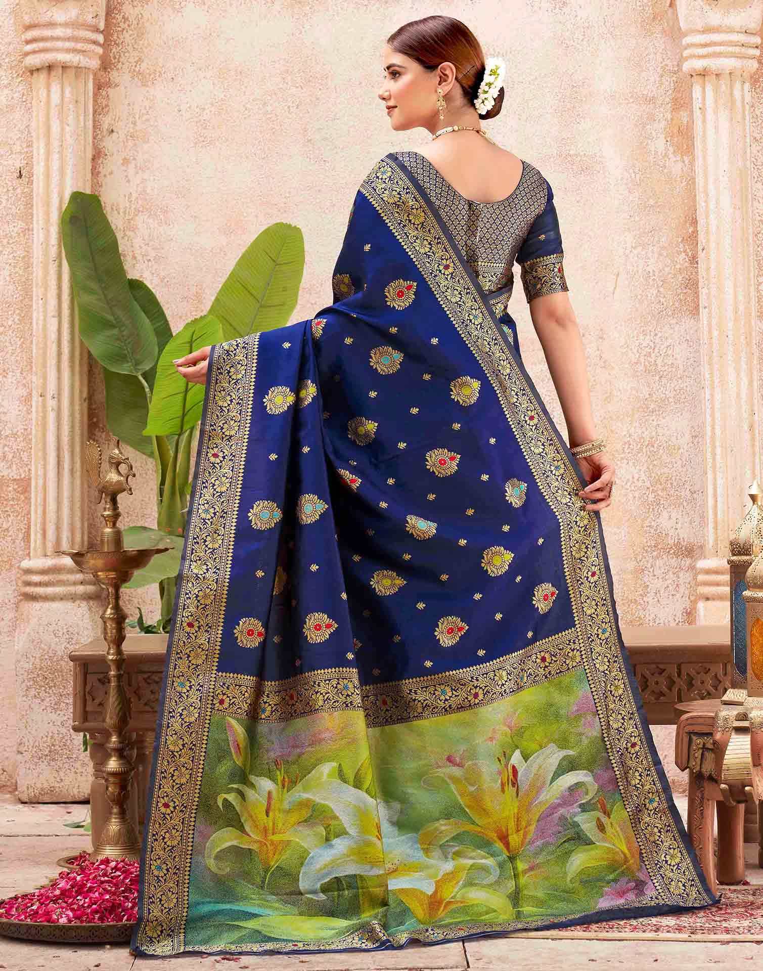 Blue Silk Woven Banarasi Saree - Image 6