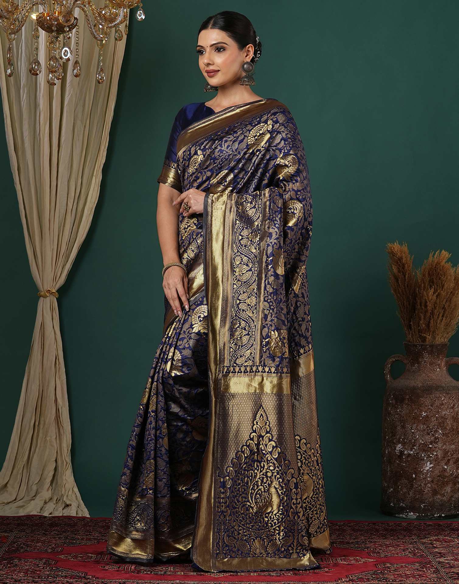 Blue Silk Woven Banarasi Saree - Image 4