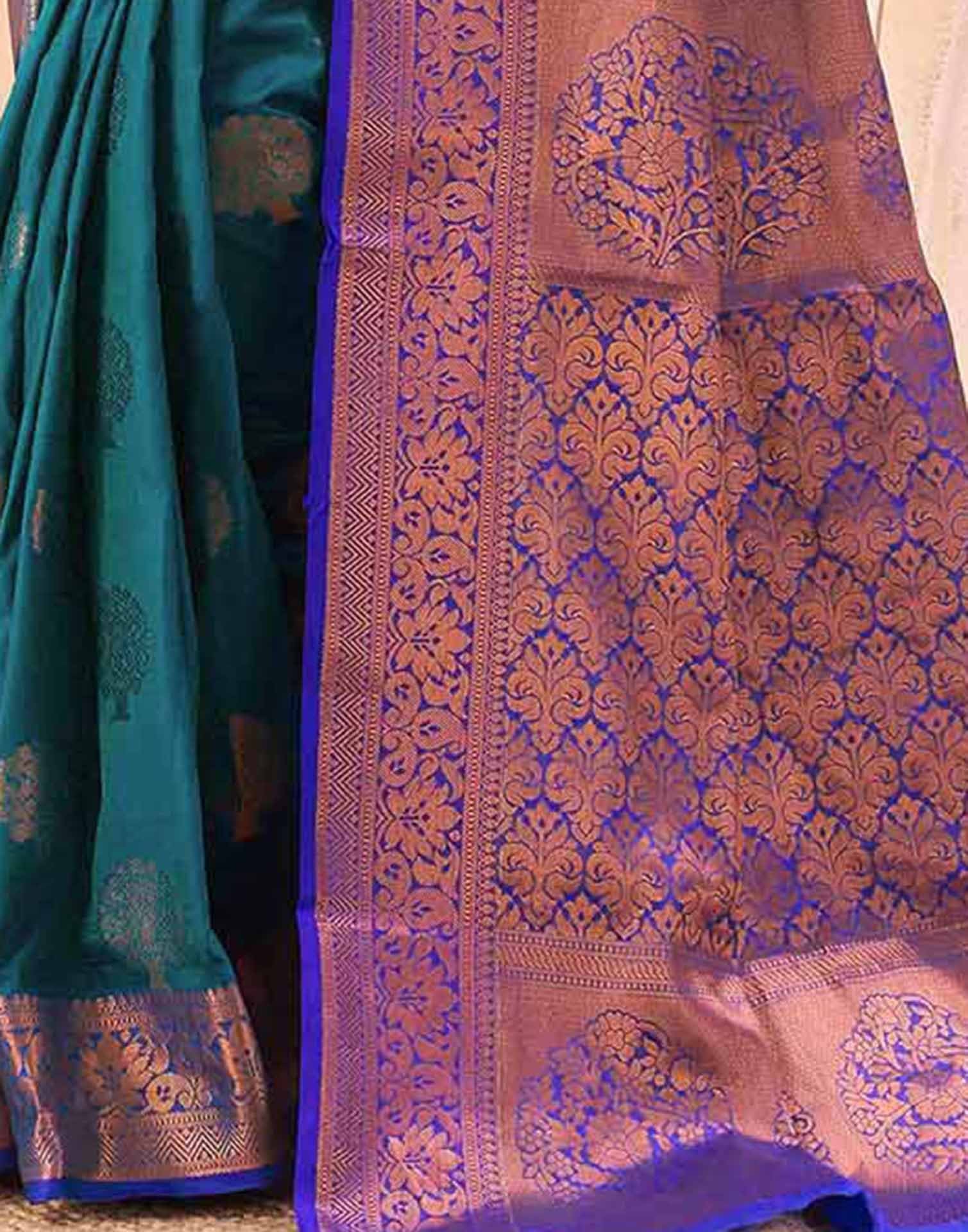 Blue Silk Woven Banarasi Saree - Image 7