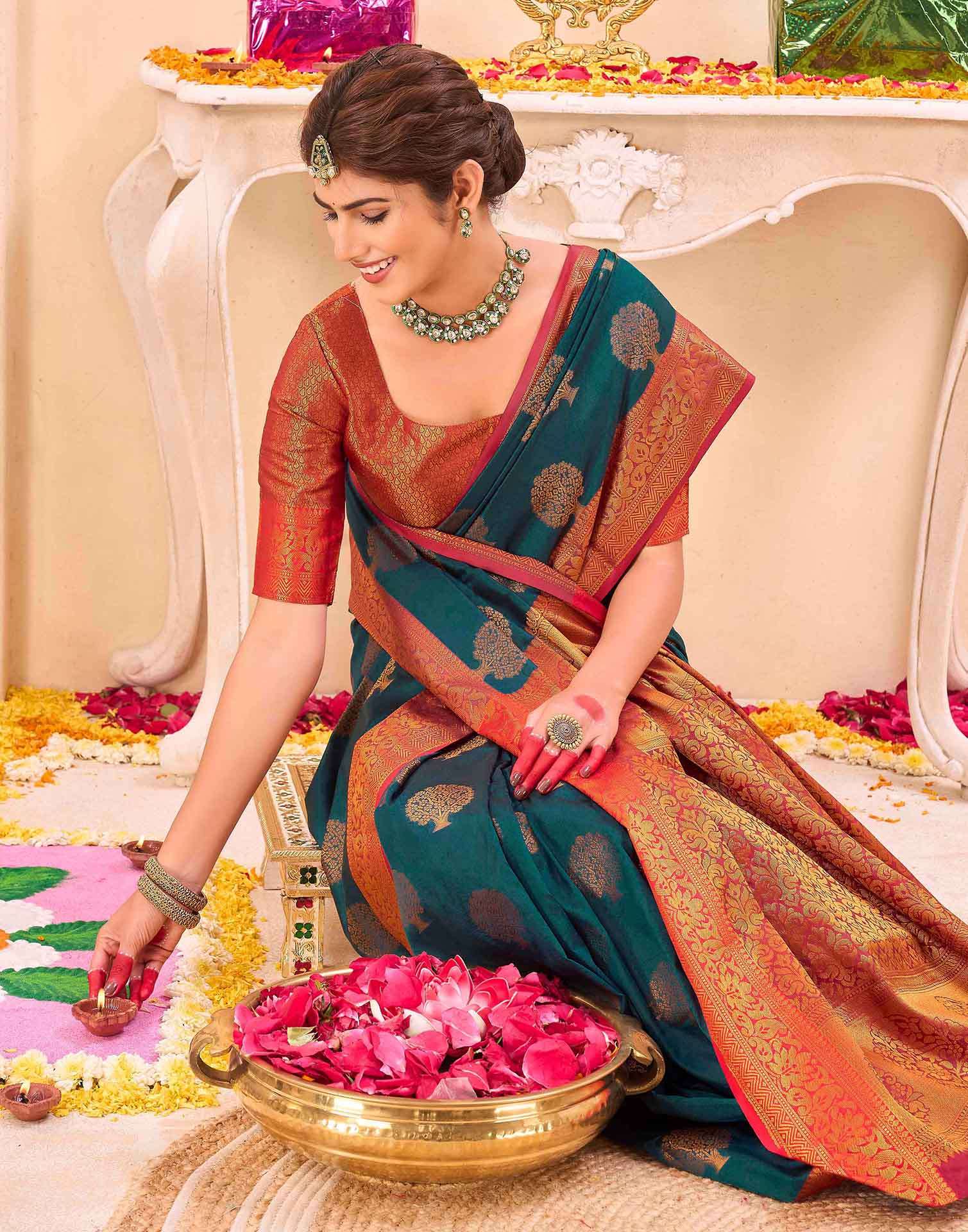 Blue Silk Woven Banarasi Saree - Image 2
