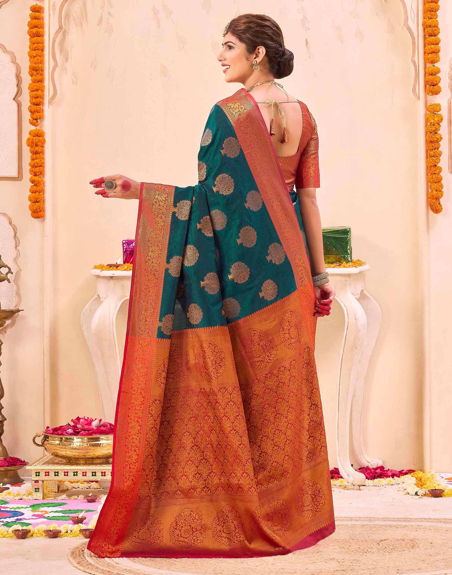 Blue Silk Woven Banarasi Saree - Image 6