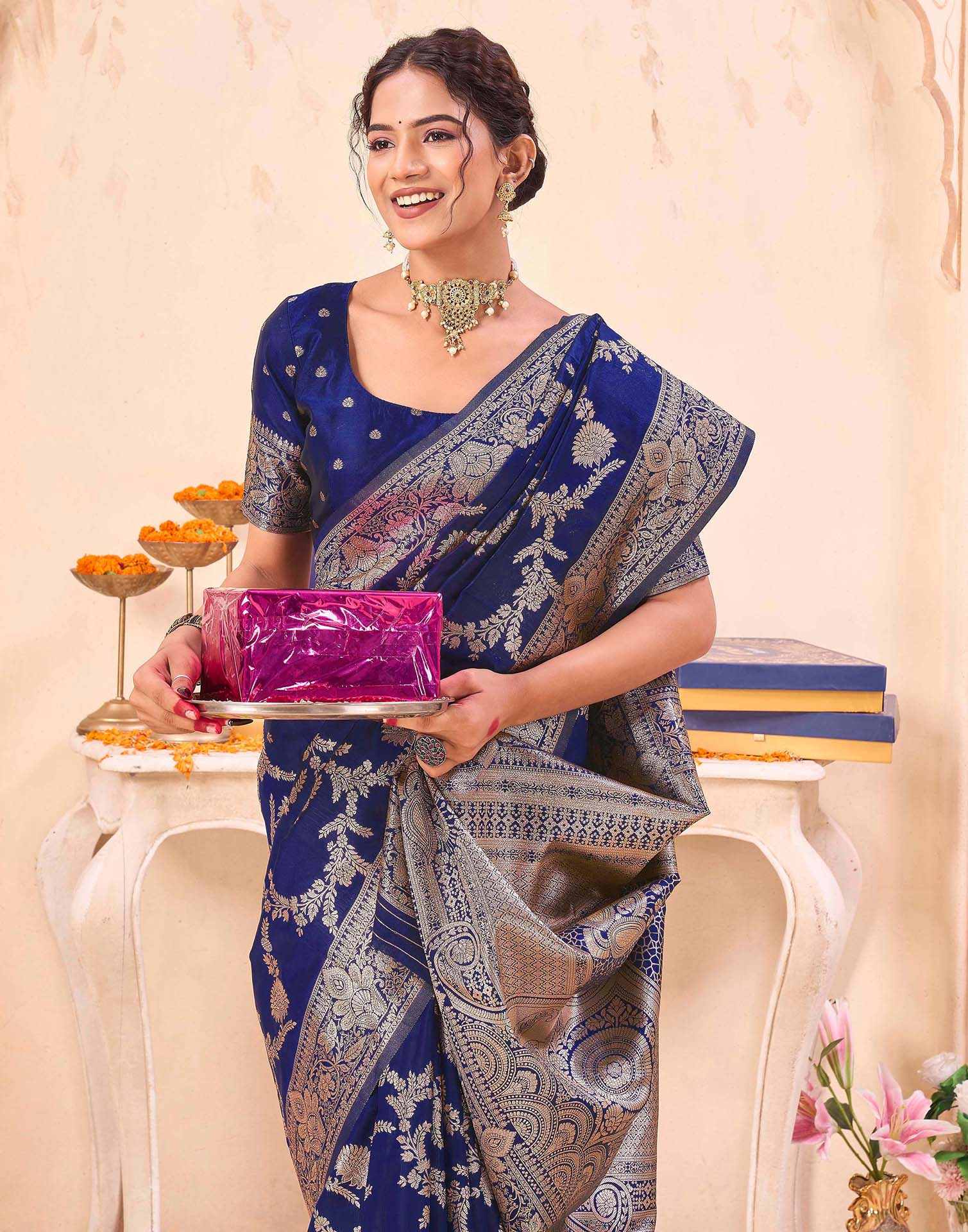 Blue Silk Woven Banarasi Saree - Image 2