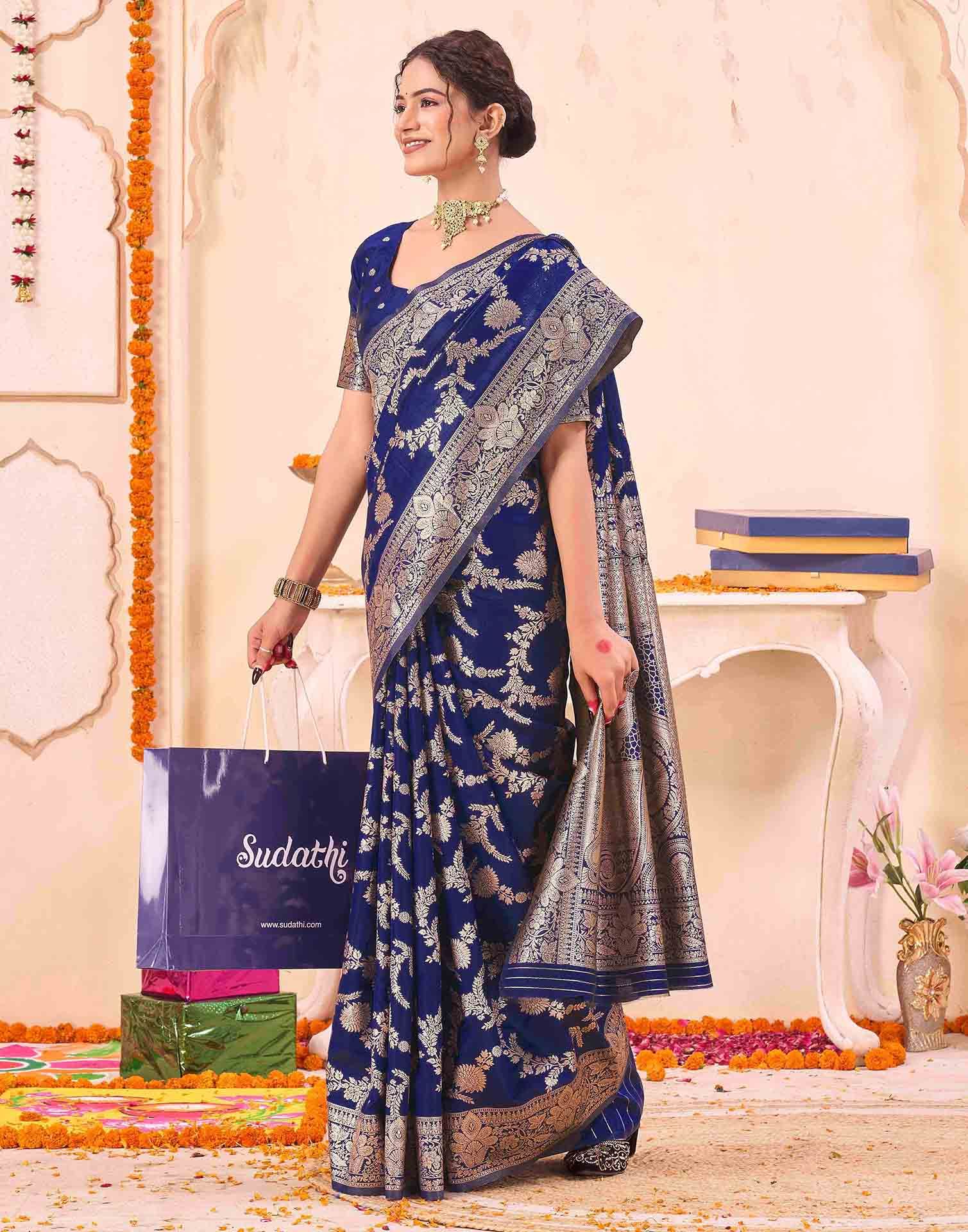 Blue Silk Woven Banarasi Saree - Image 5