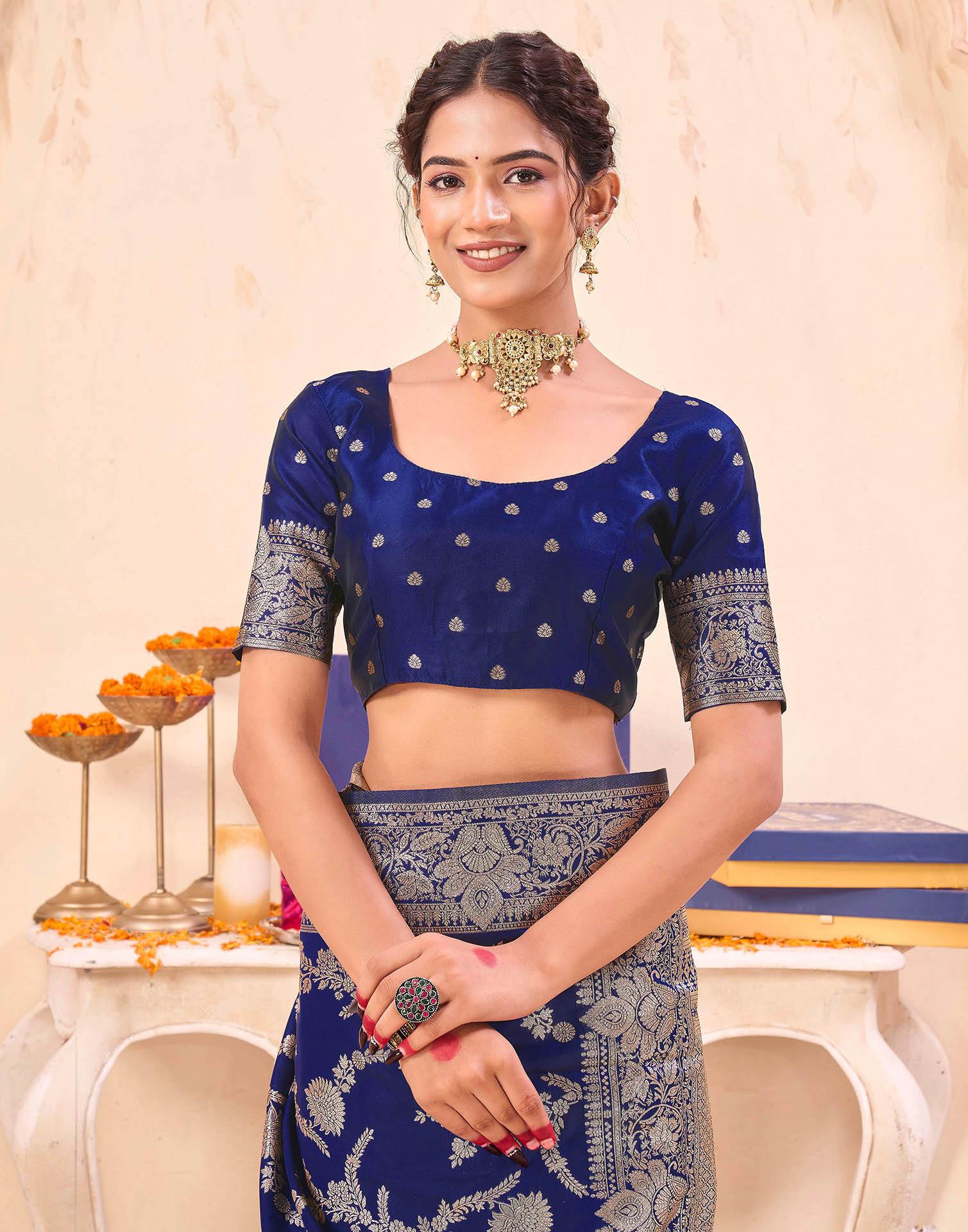 Blue Silk Woven Banarasi Saree - Image 7