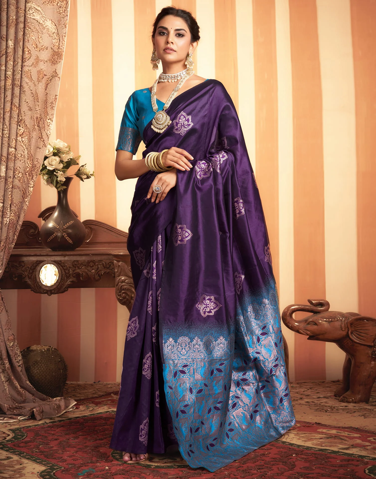 Blue Silk Woven Banarasi Saree - Image 6