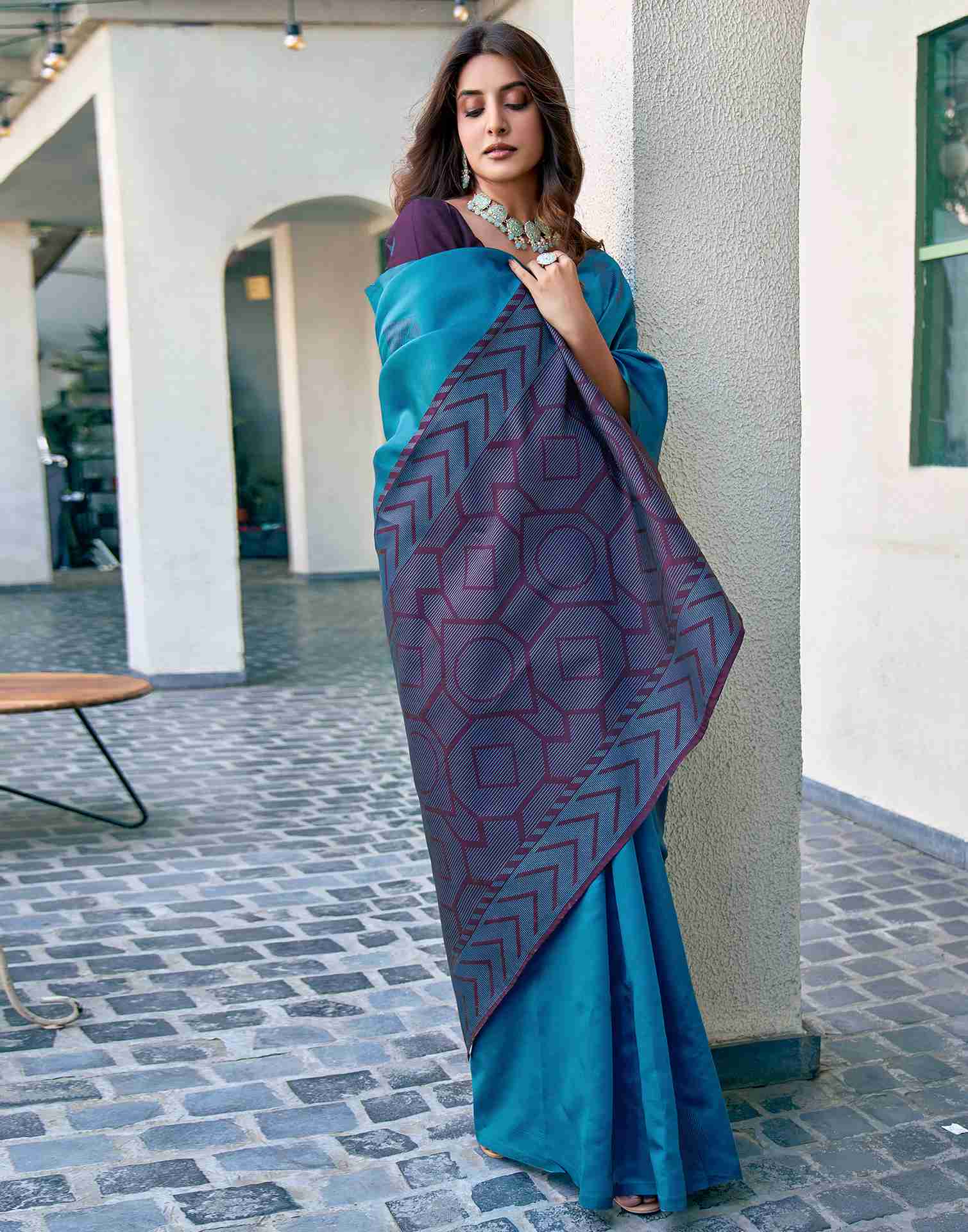 Teal Blue Silk Woven Banarasi Saree - Image 5