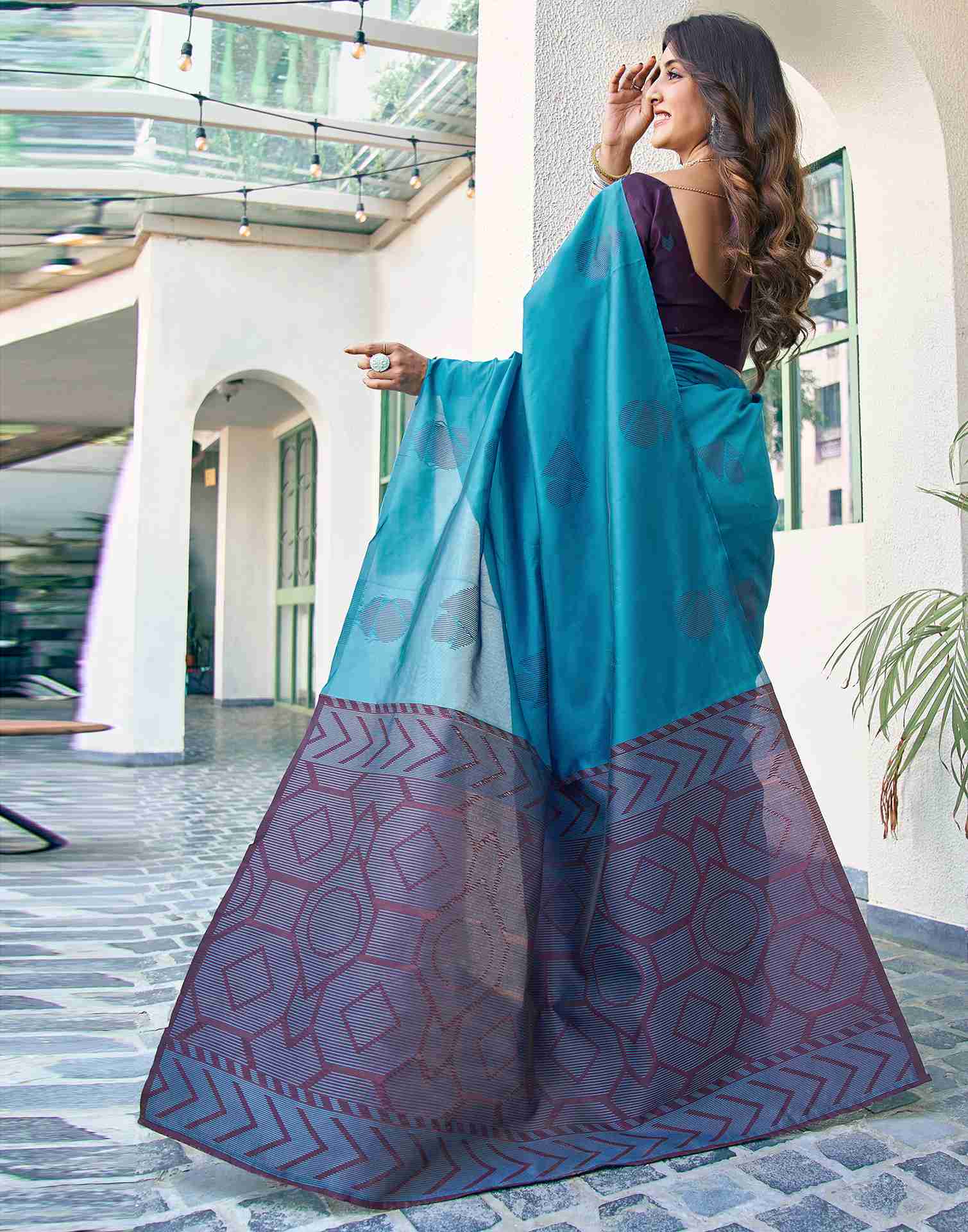 Teal Blue Silk Woven Banarasi Saree - Image 6