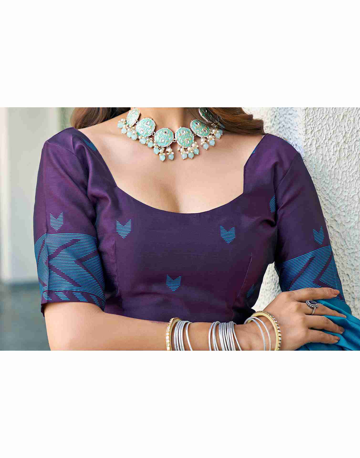 Teal Blue Silk Woven Banarasi Saree - Image 8