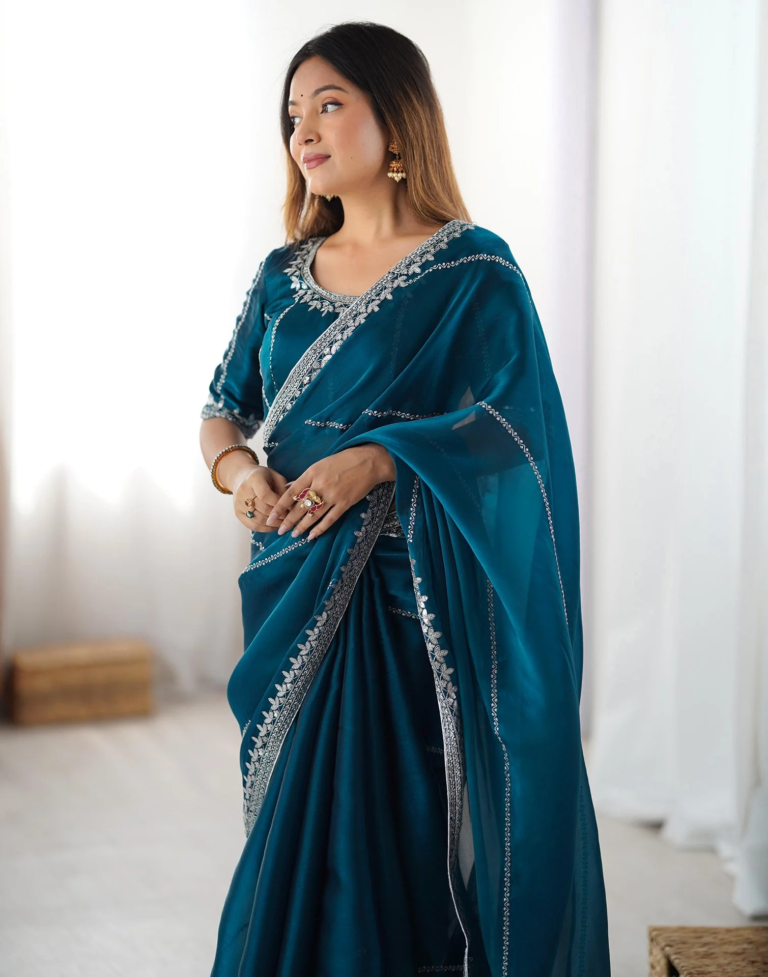 Blue Tissue Silk Sequence Embroidery Saree - Image 2