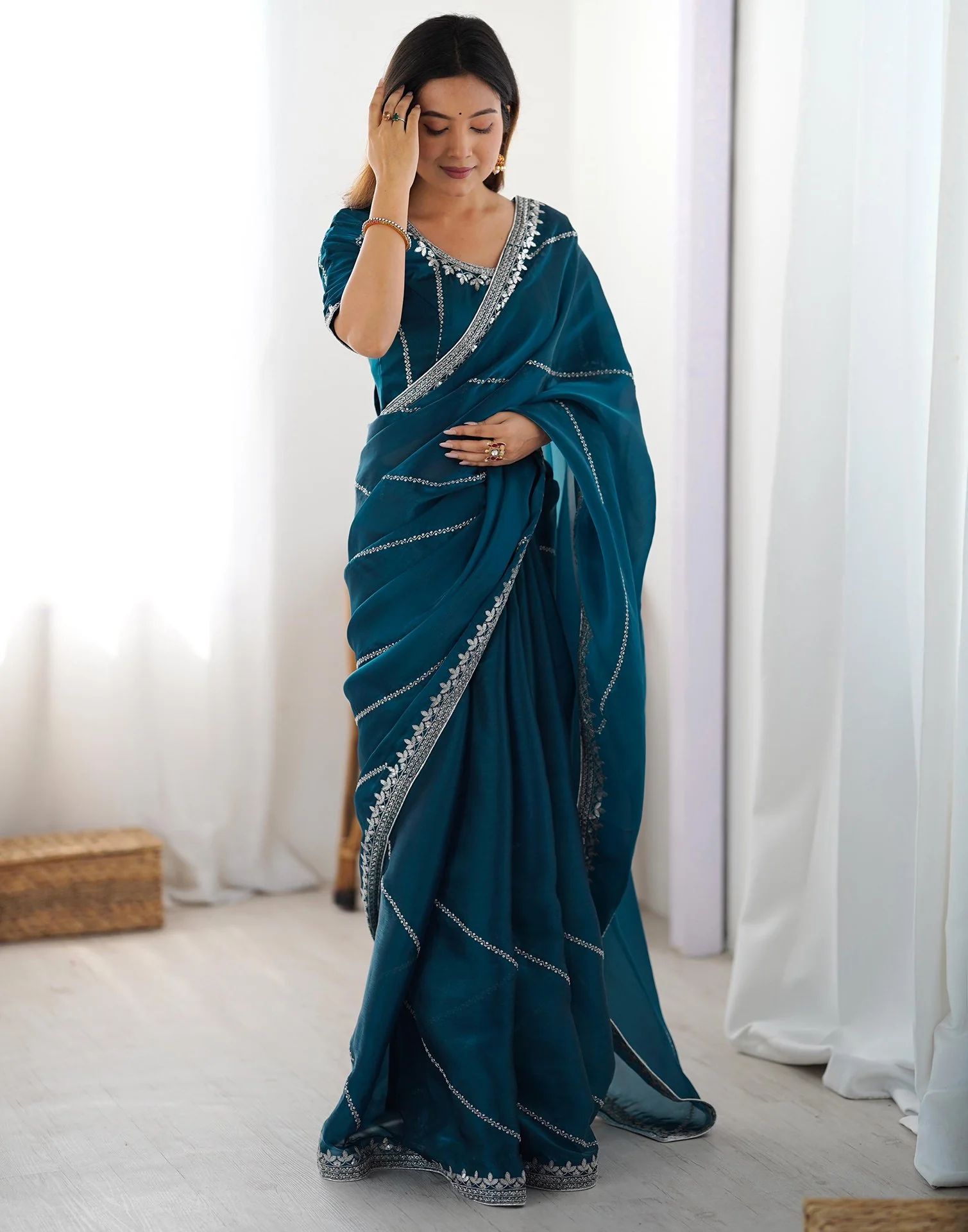 Blue Tissue Silk Sequence Embroidery Saree - Image 7