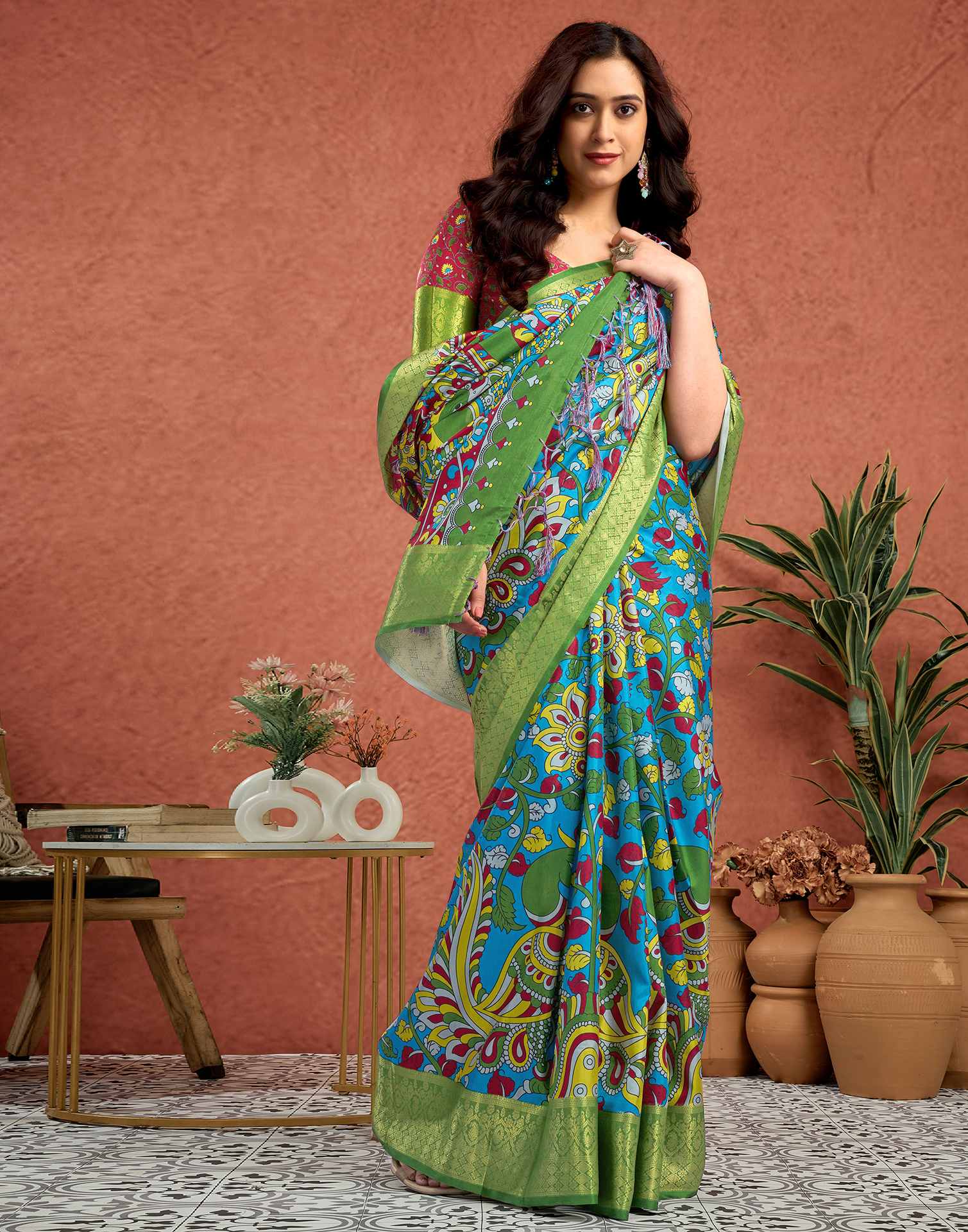 Blue Tussar Silk Printed Kalamkari Saree - Image 6