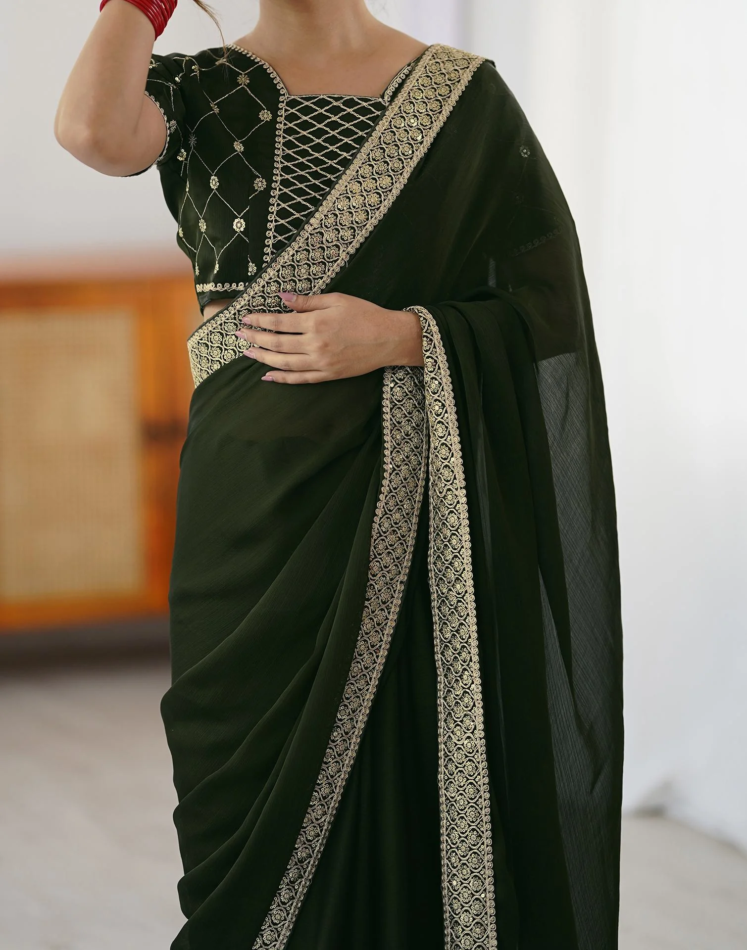 Bottle Green Chiffon Embroidery Lace Saree - Image 10