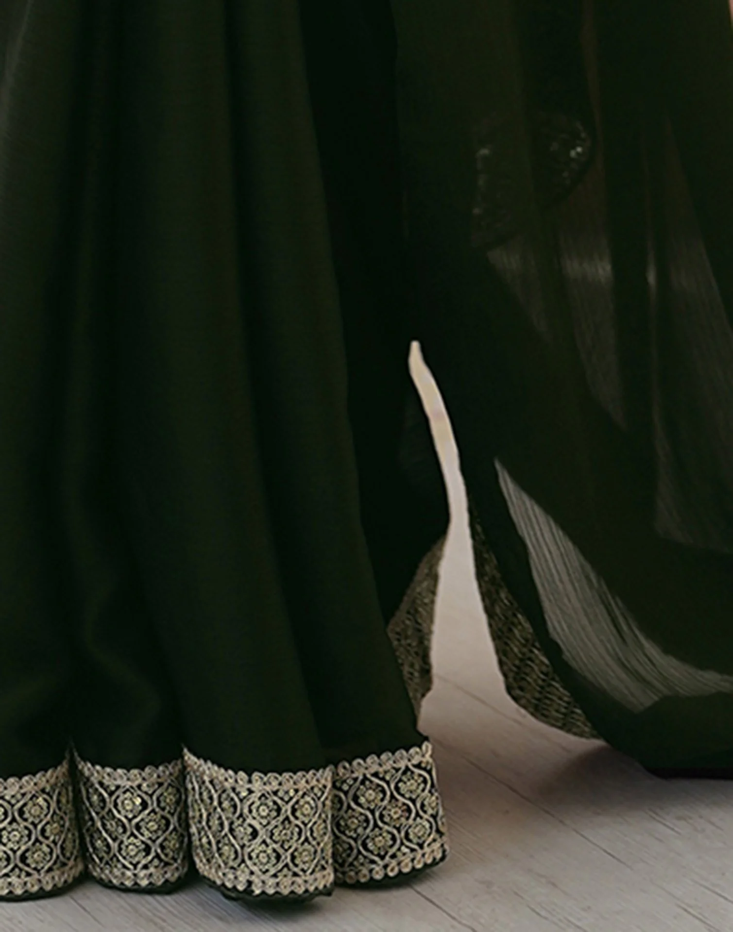Bottle Green Chiffon Embroidery Lace Saree - Image 11