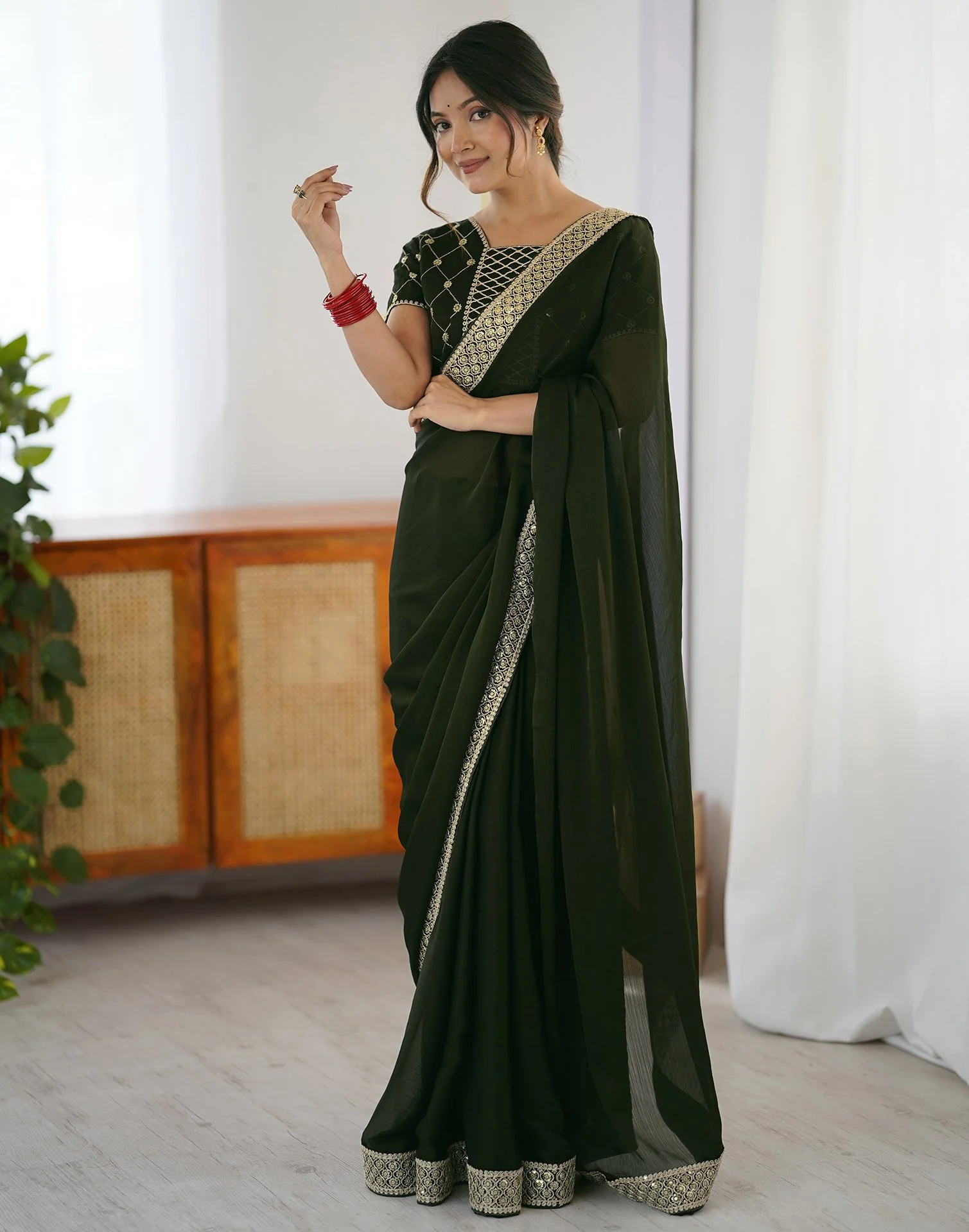 Bottle Green Chiffon Embroidery Lace Saree - Image 2