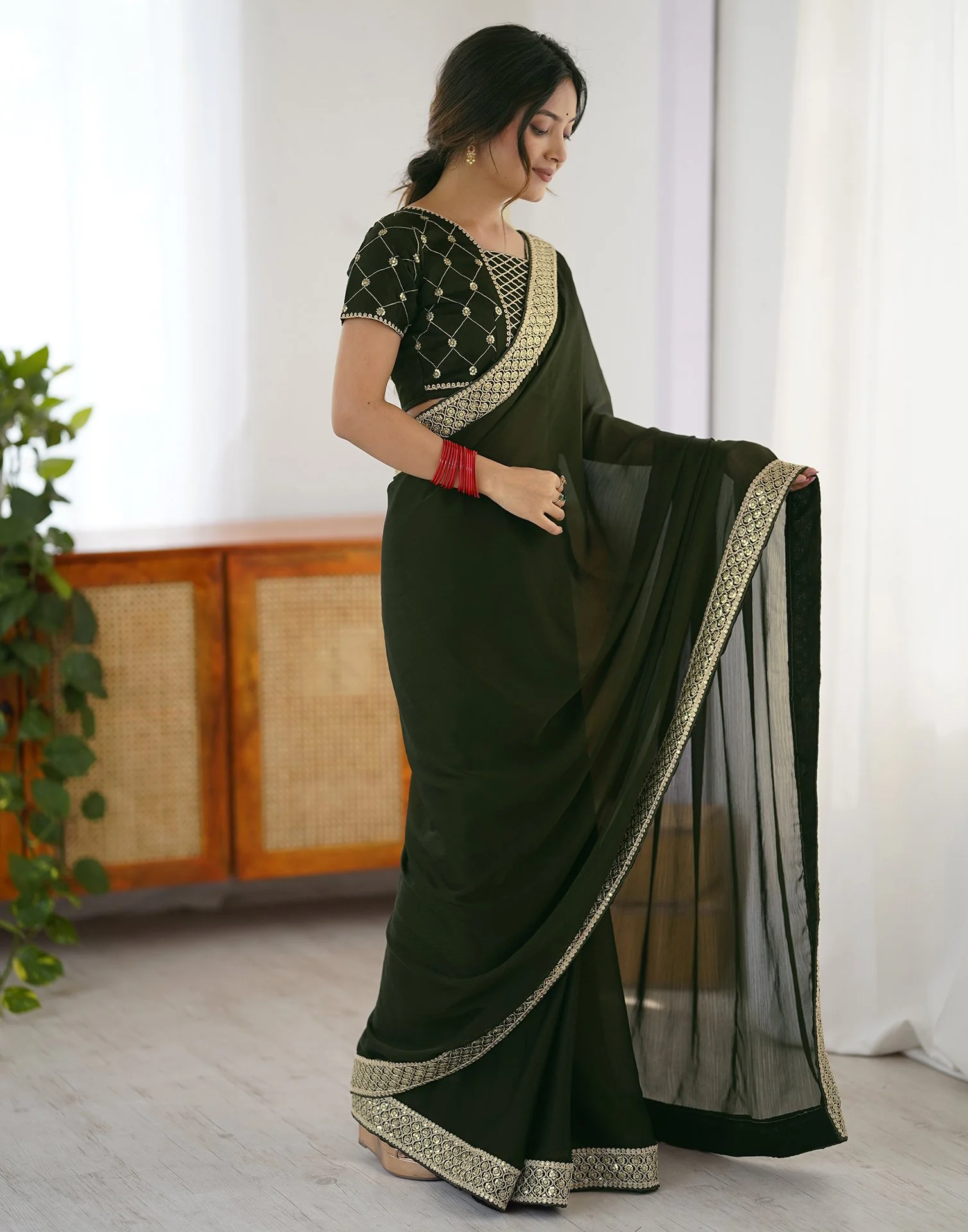 Bottle Green Chiffon Embroidery Lace Saree - Image 4