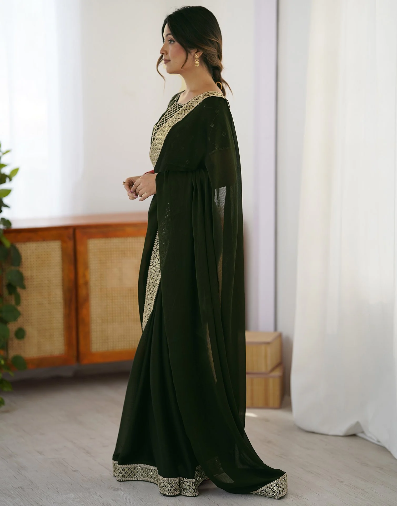 Bottle Green Chiffon Embroidery Lace Saree - Image 6
