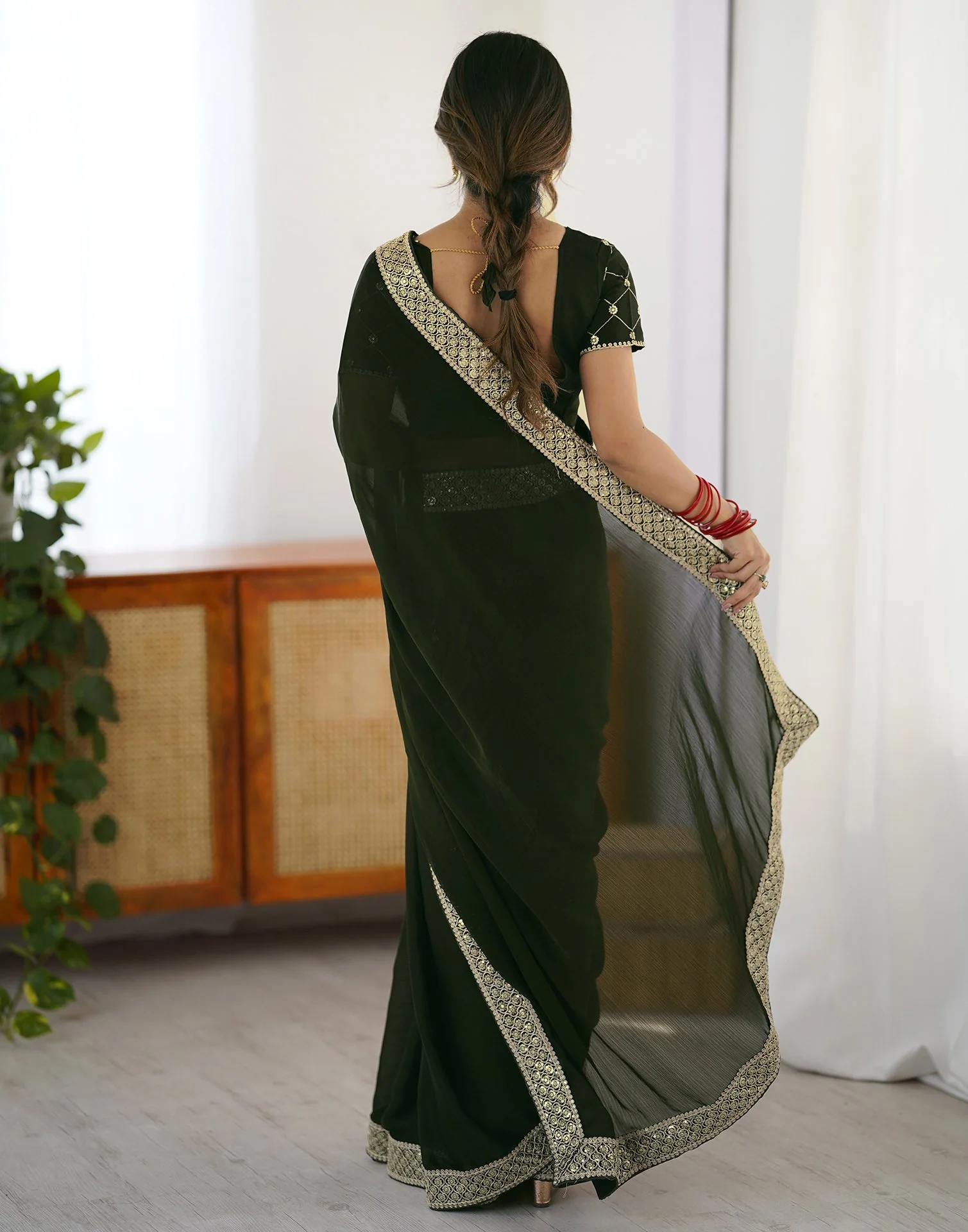 Bottle Green Chiffon Embroidery Lace Saree - Image 7
