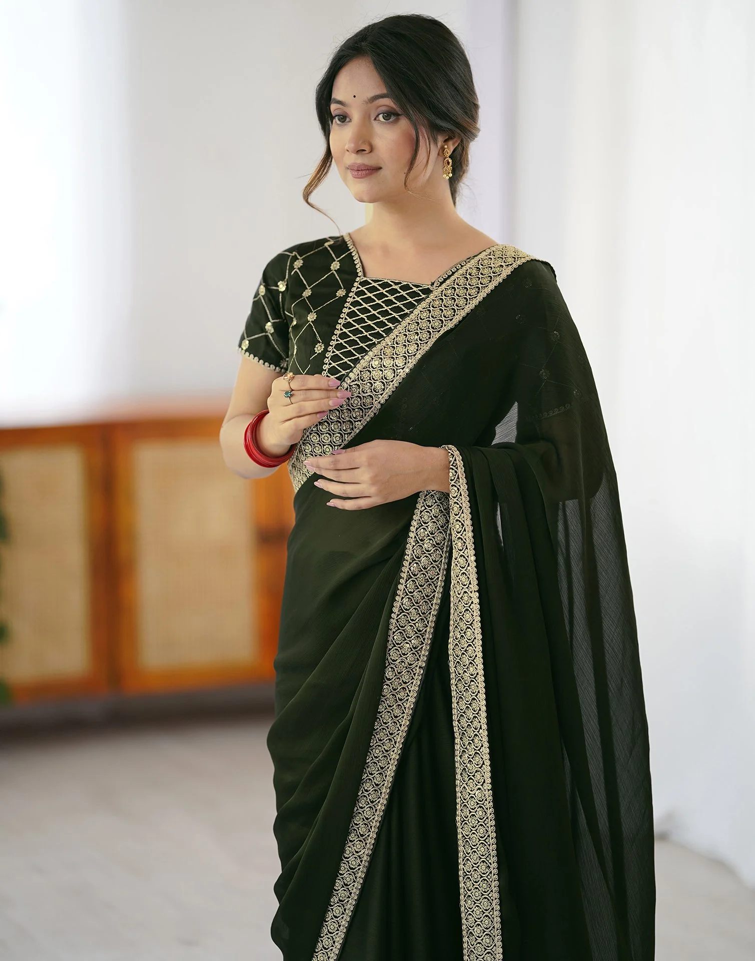 Bottle Green Chiffon Embroidery Lace Saree - Image 8