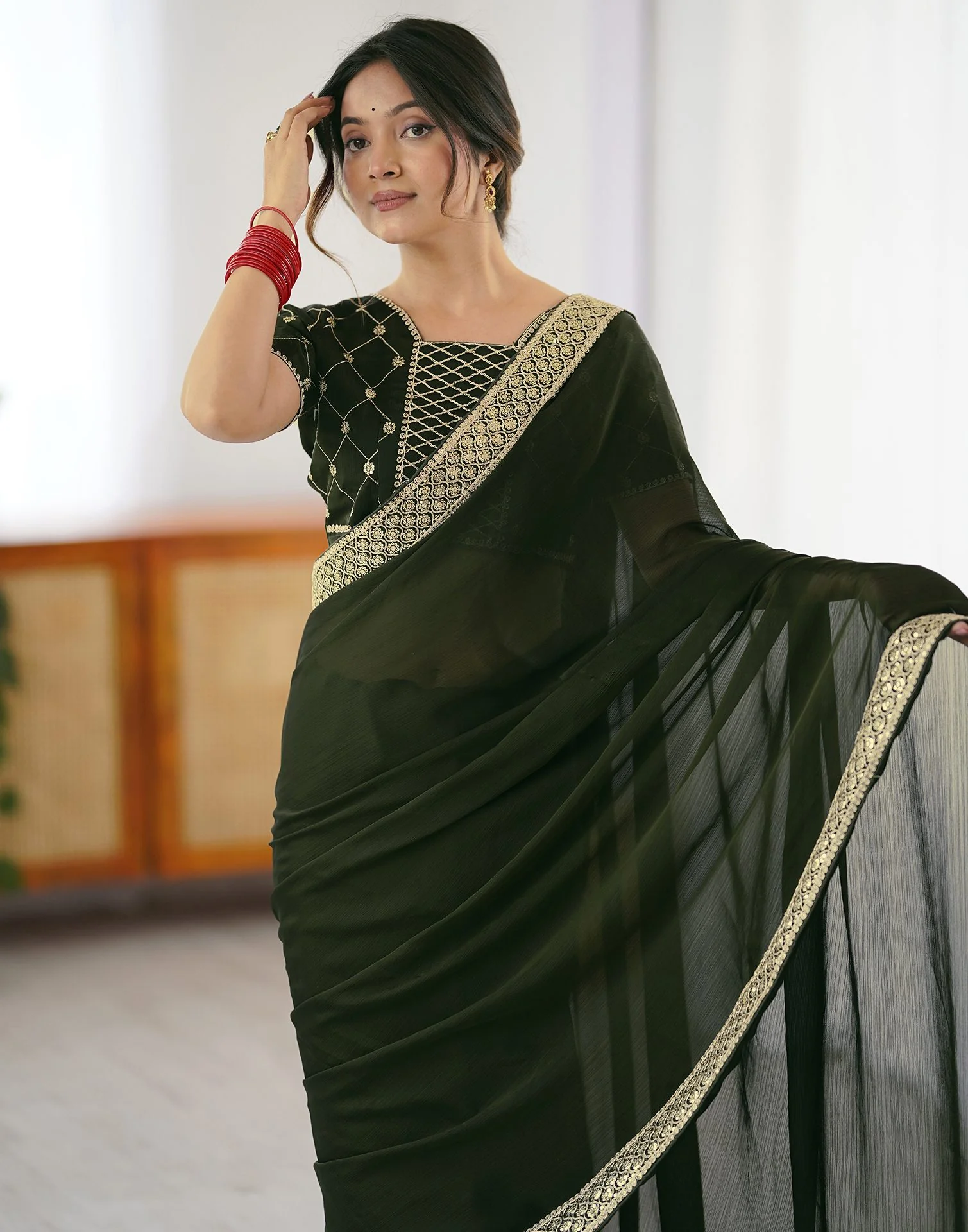 Bottle Green Chiffon Embroidery Lace Saree - Image 9