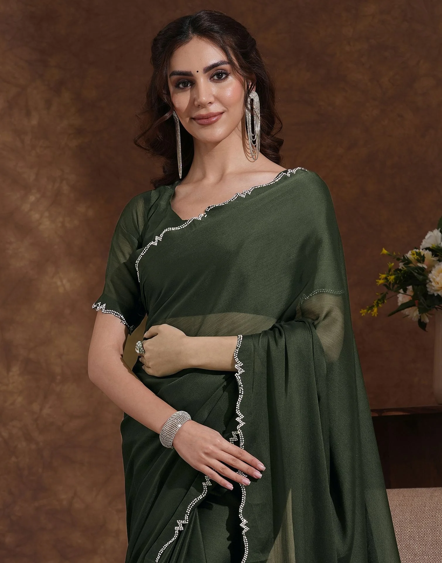 Bottle Green Chiffon Stone Work Swarovski Saree - Image 2
