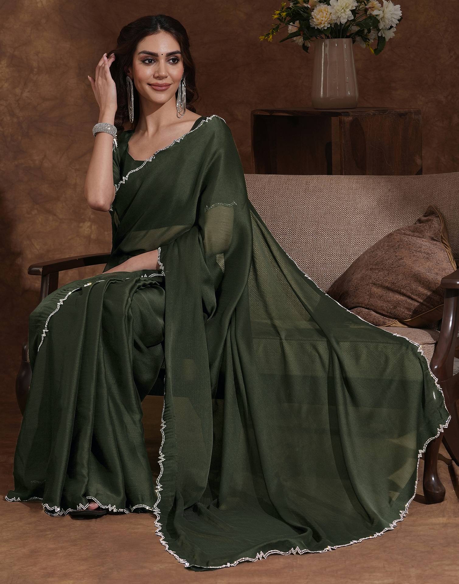 Bottle Green Chiffon Stone Work Swarovski Saree - Image 4