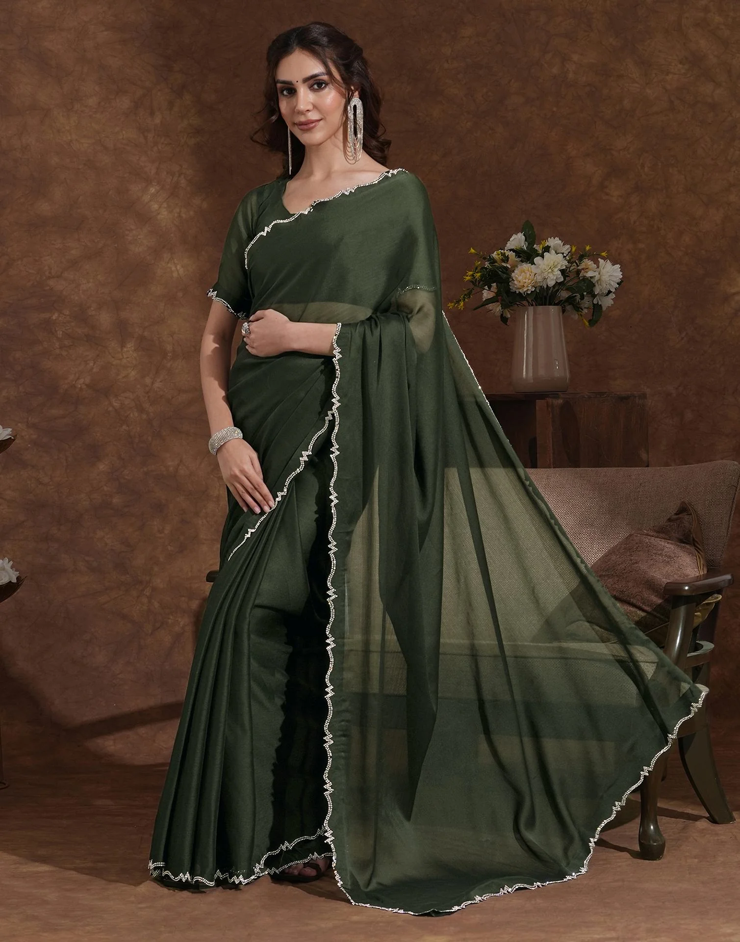 Bottle Green Chiffon Stone Work Swarovski Saree - Image 5