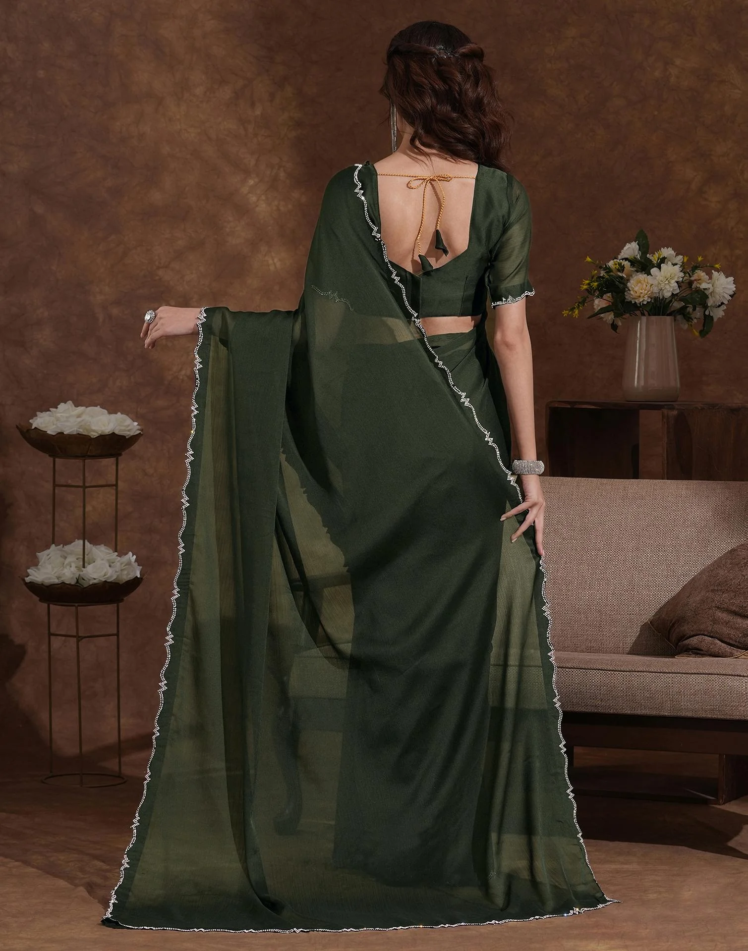Bottle Green Chiffon Stone Work Swarovski Saree - Image 6