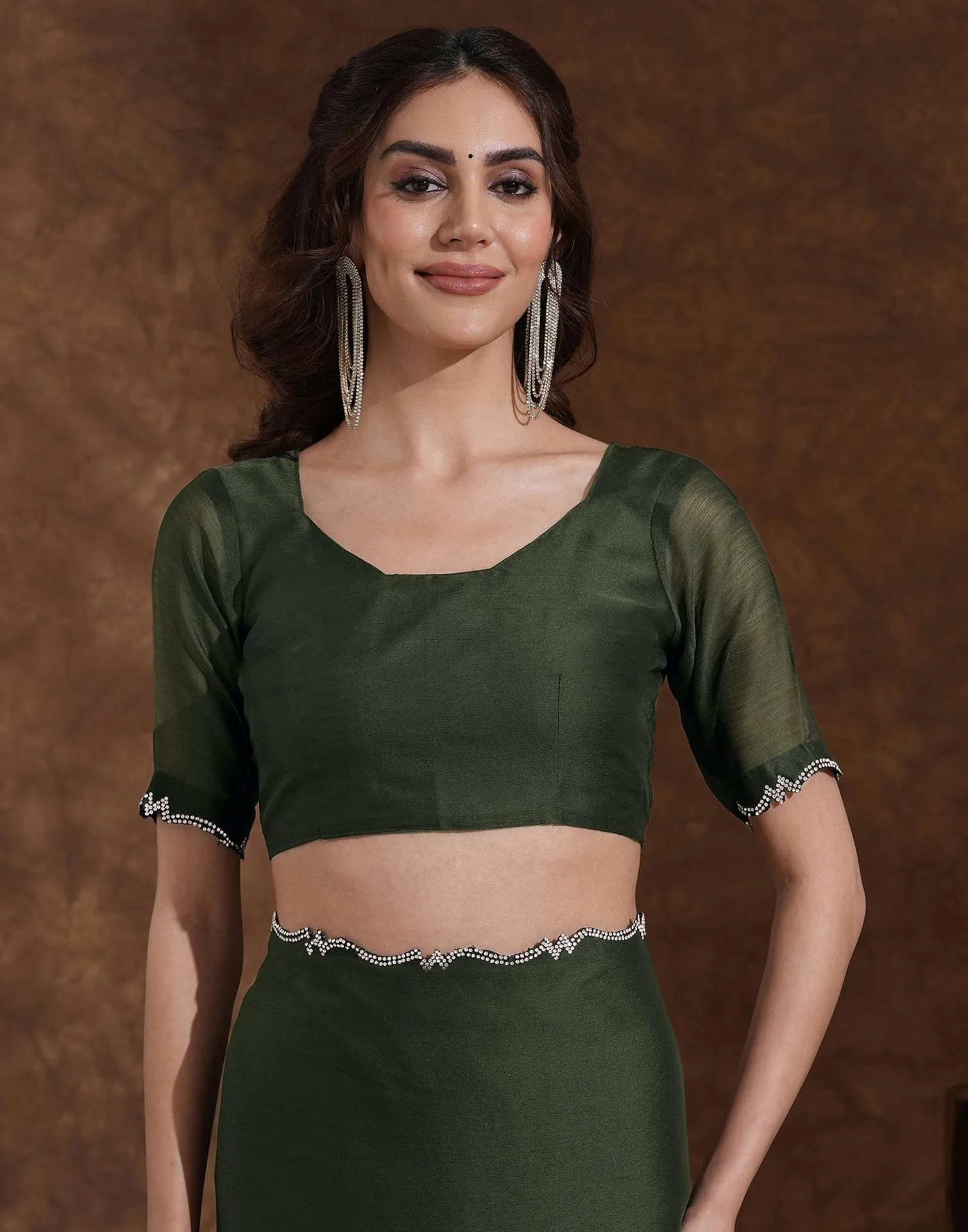 Bottle Green Chiffon Stone Work Swarovski Saree - Image 7