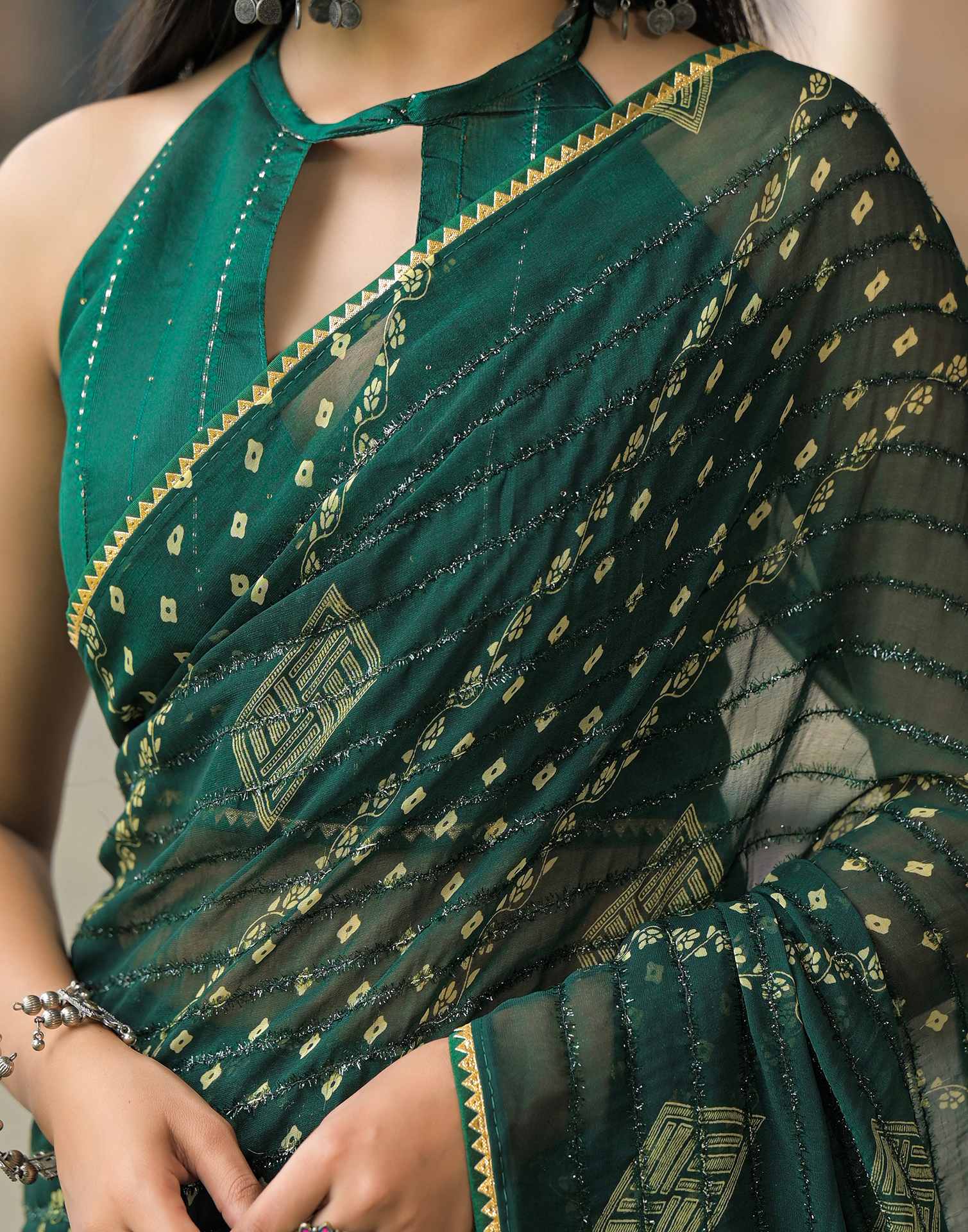 Bottle Green Georgette Printed Bandhani Saree - Image 10
