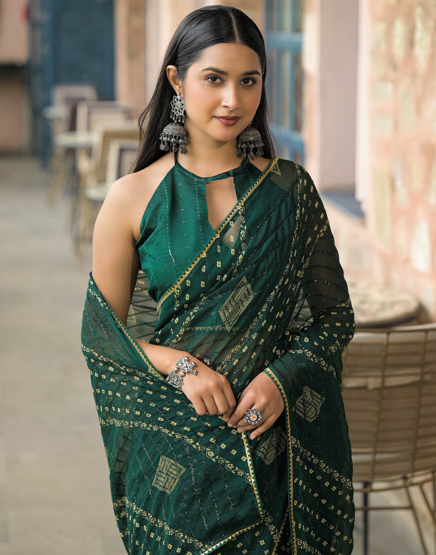 Bottle Green Georgette Printed Bandhani Saree - Image 2