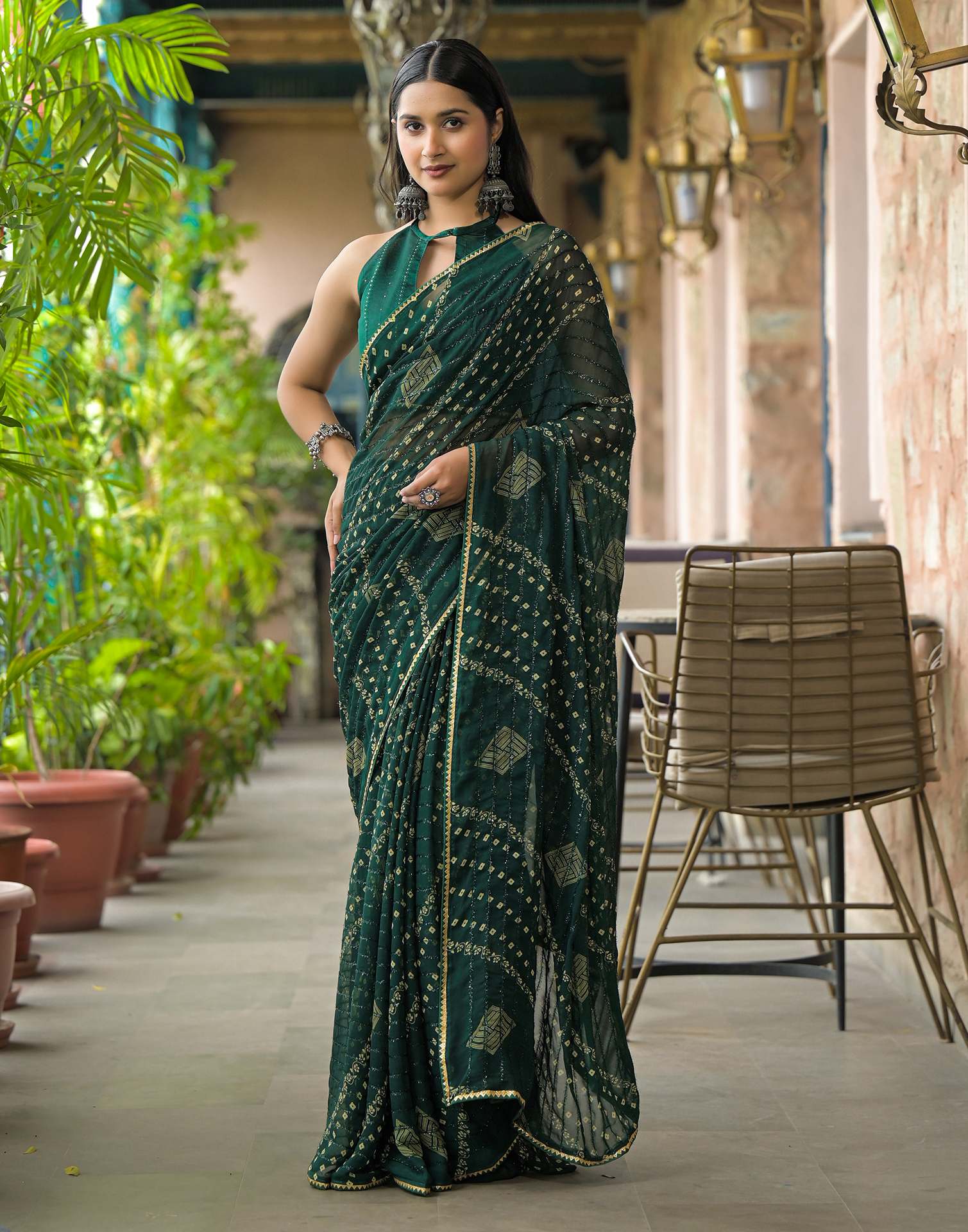 Bottle Green Georgette Printed Bandhani Saree - Image 4