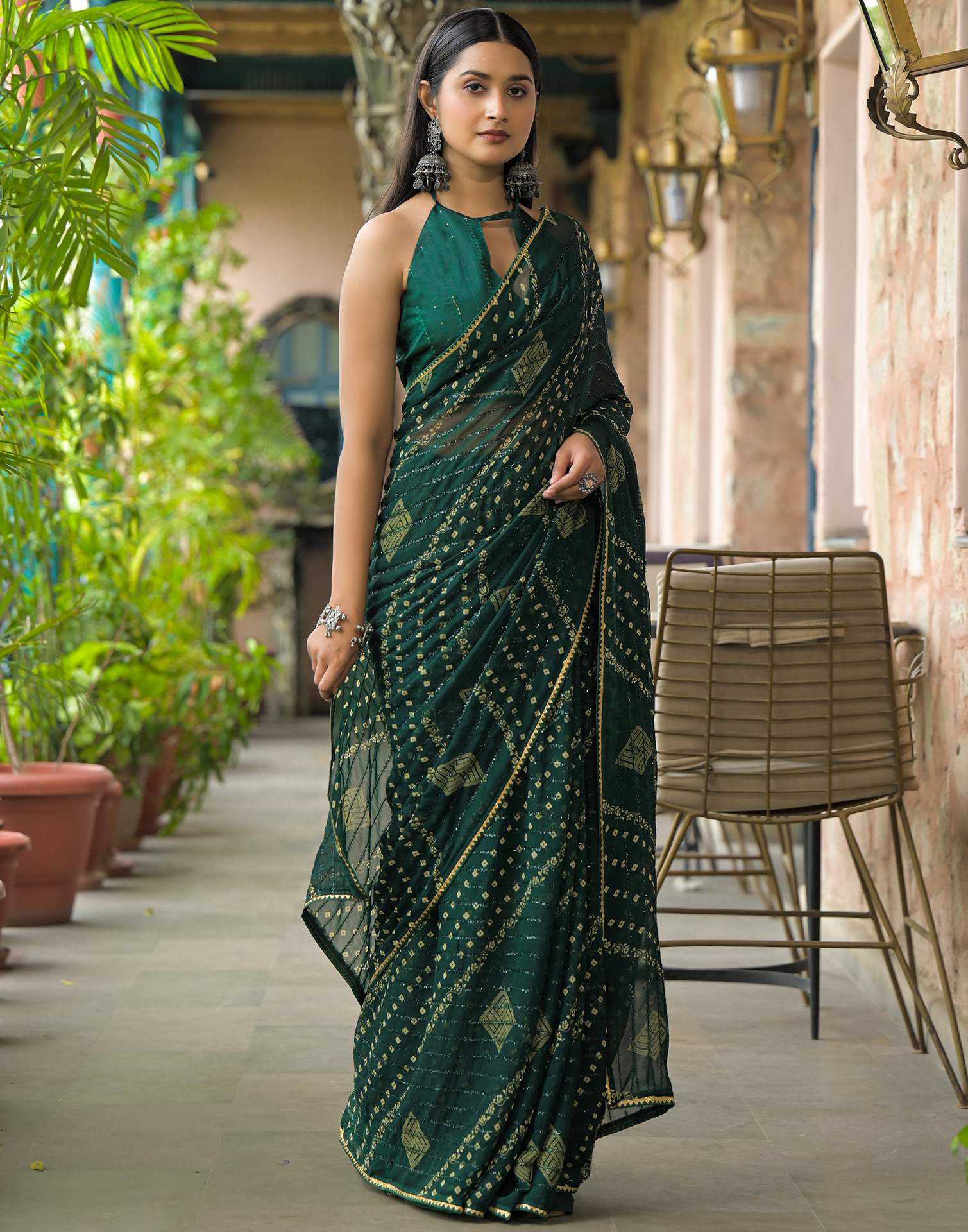 Bottle Green Georgette Printed Bandhani Saree - Image 5