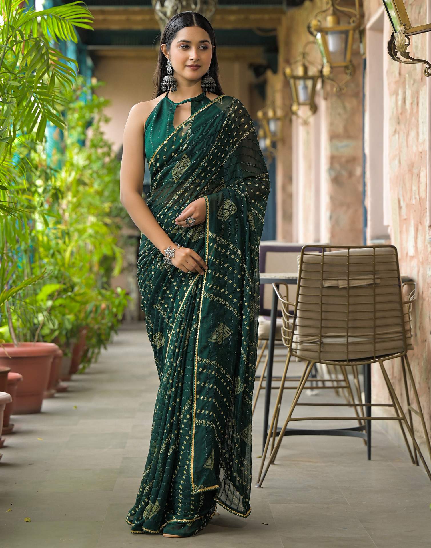 Bottle Green Georgette Printed Bandhani Saree - Image 8