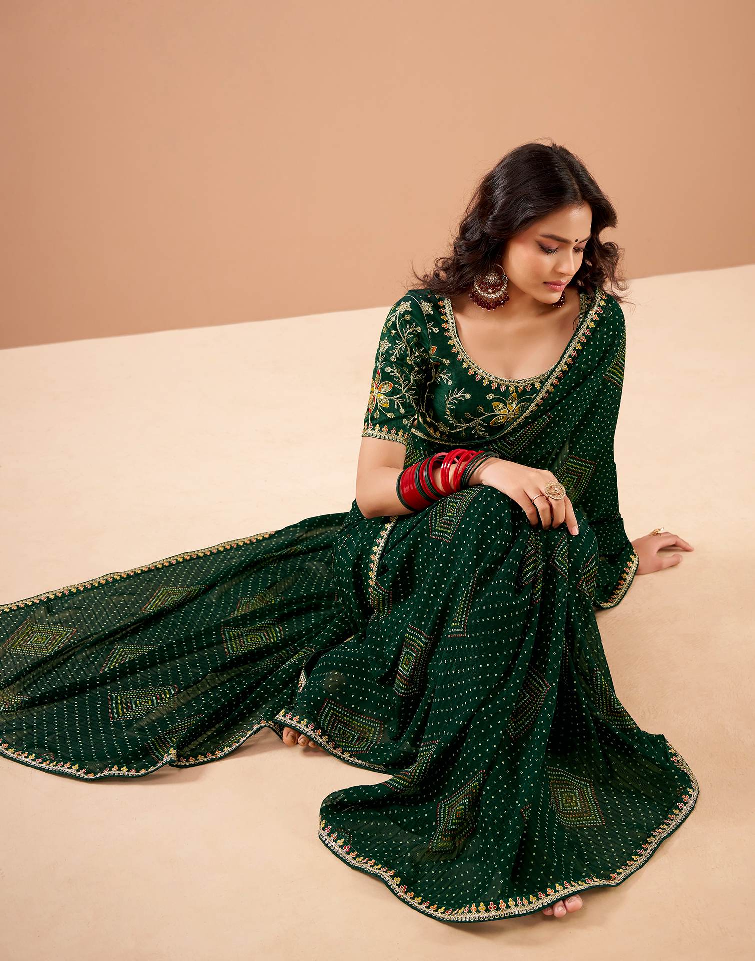 Bottle Green Georgette Printed Bandhani Saree - Image 6