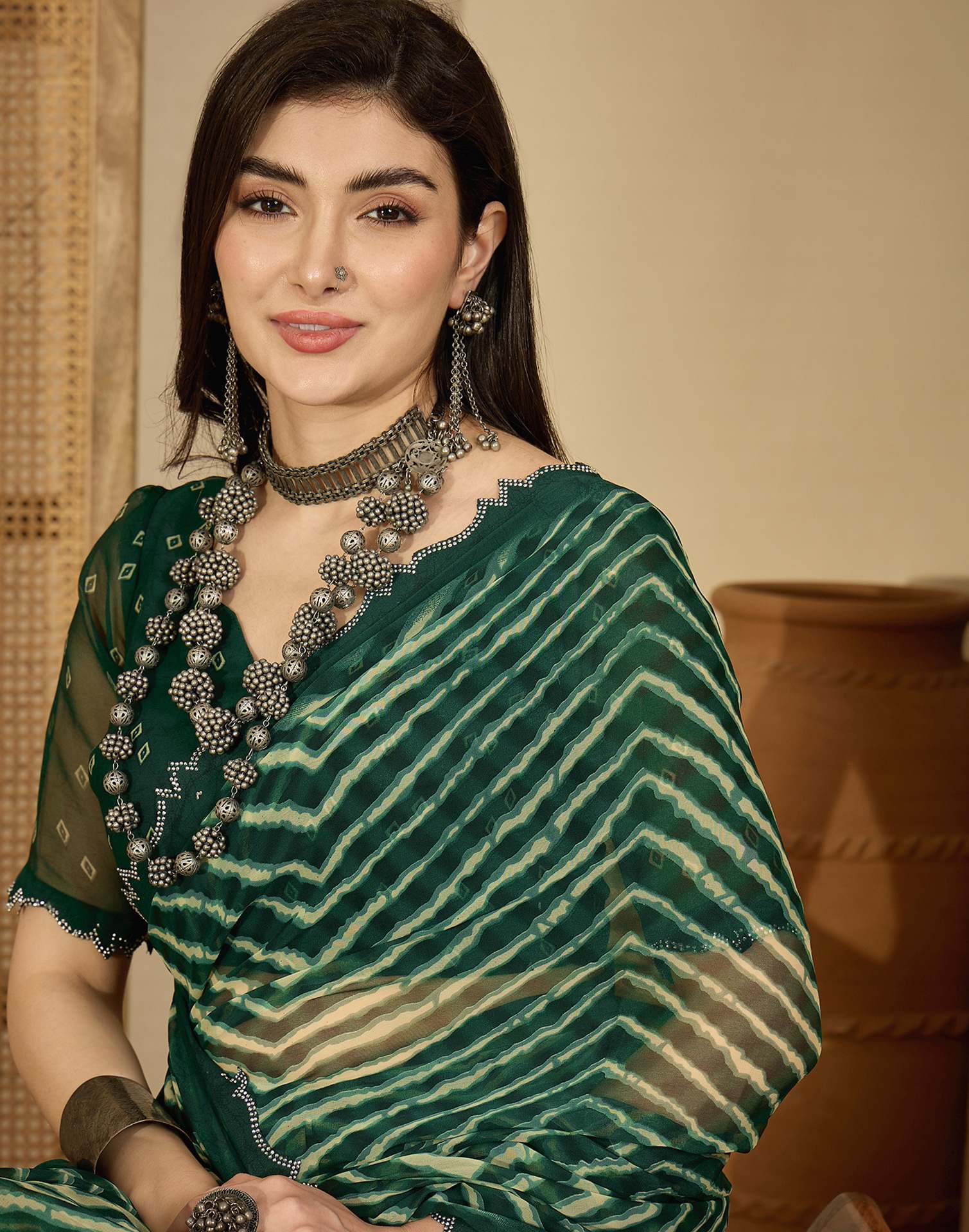 Bottle Green Georgette Printed Laheriya Saree - Image 2