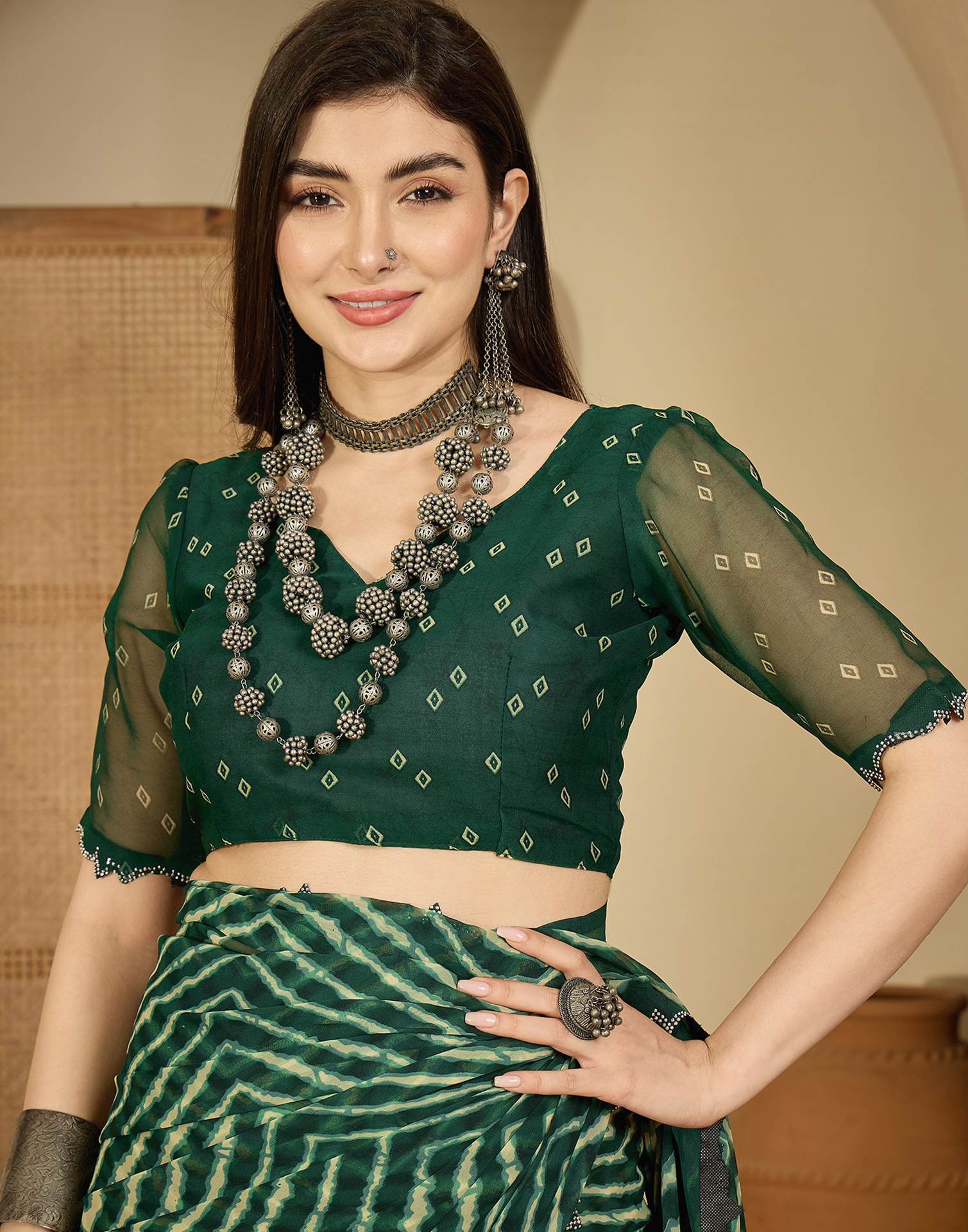 Bottle Green Georgette Printed Laheriya Saree - Image 8