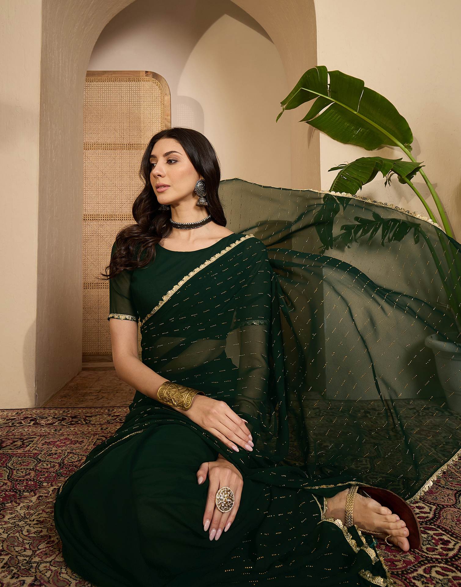 Bottle Green Georgette Stone Work Lace Saree - Image 2