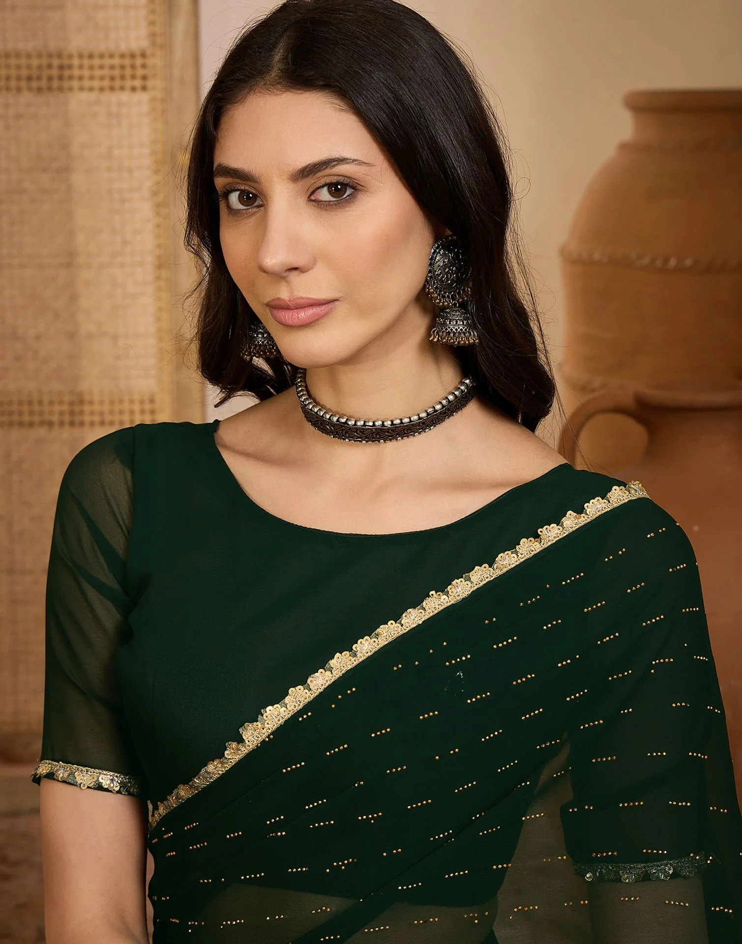 Bottle Green Georgette Stone Work Lace Saree - Image 4