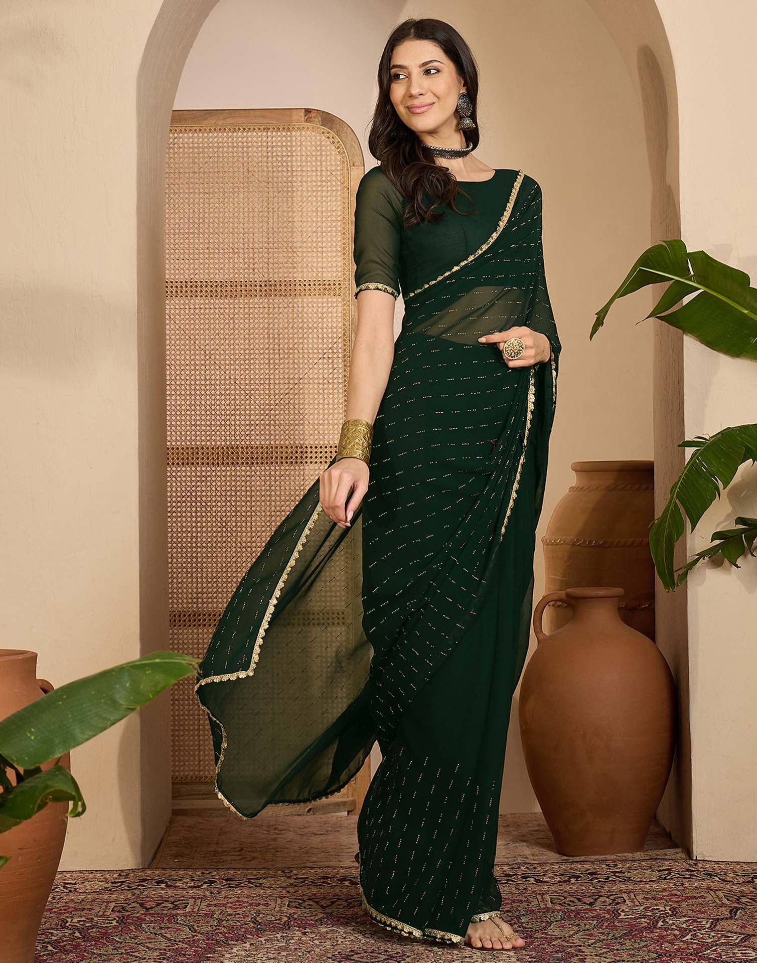 Bottle Green Georgette Stone Work Lace Saree - Image 5