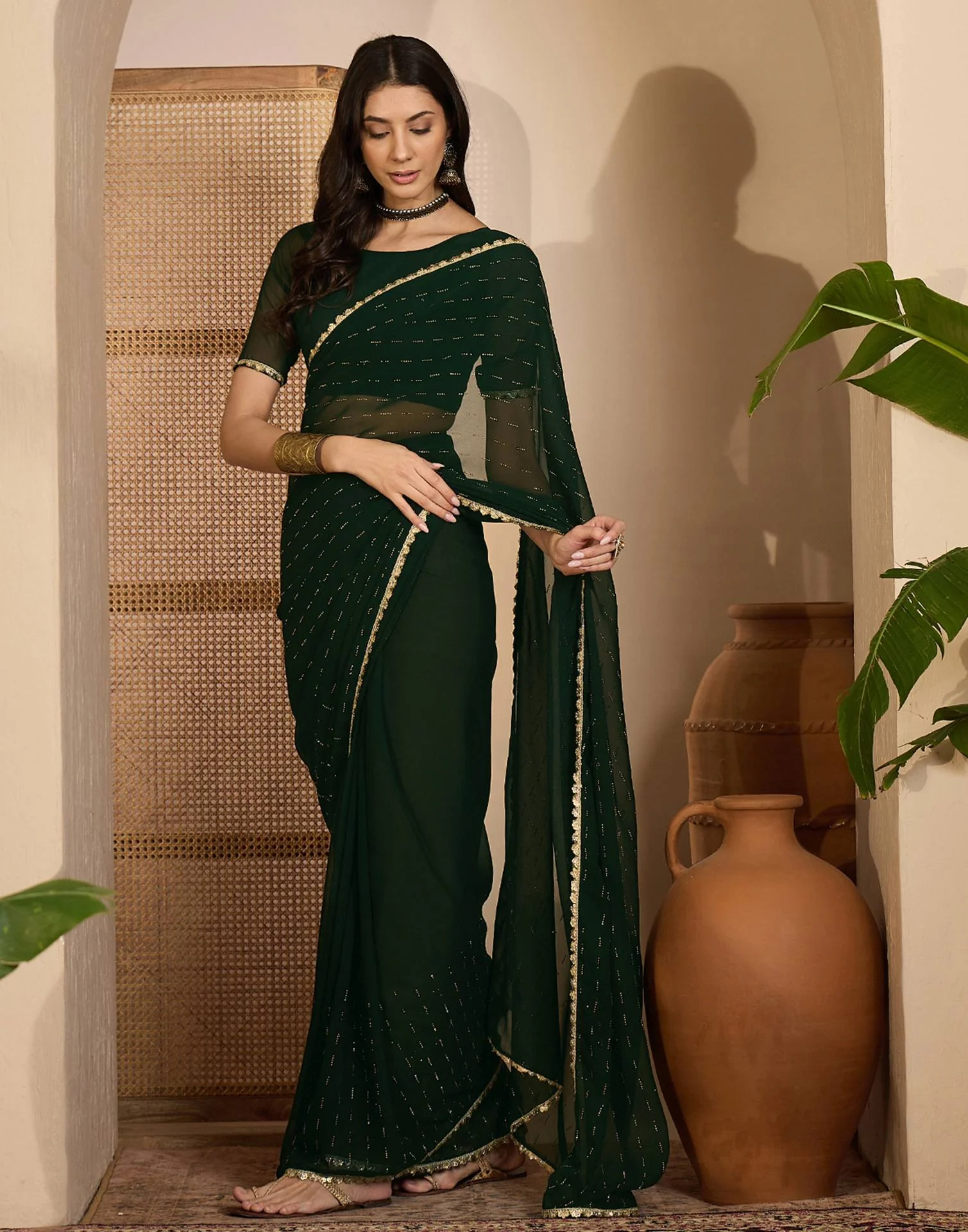 Bottle Green Georgette Stone Work Lace Saree - Image 6