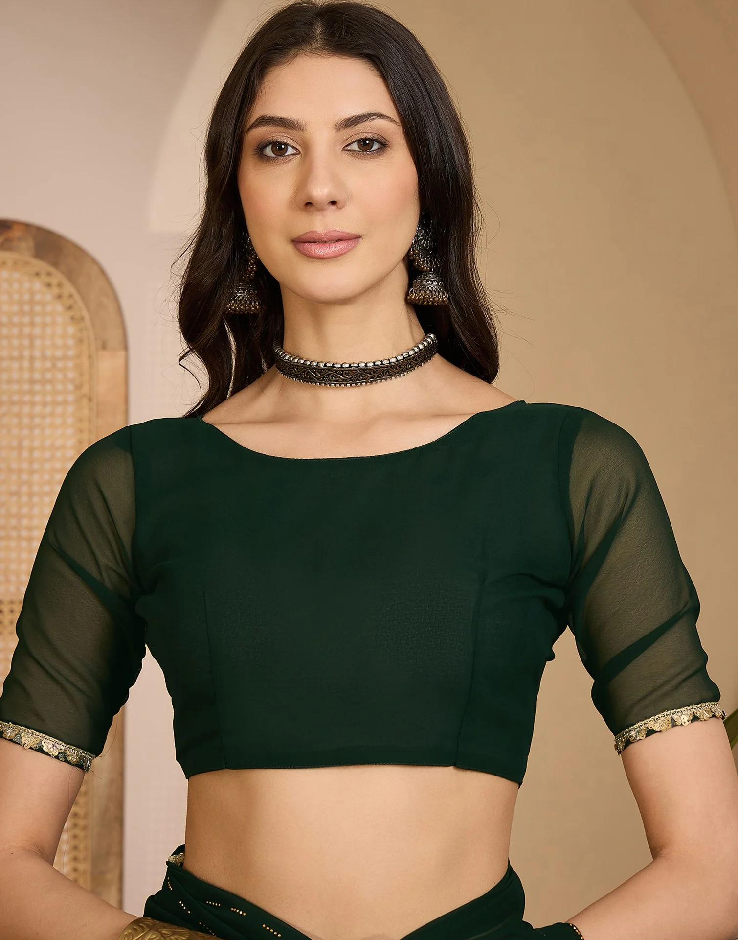 Bottle Green Georgette Stone Work Lace Saree - Image 8