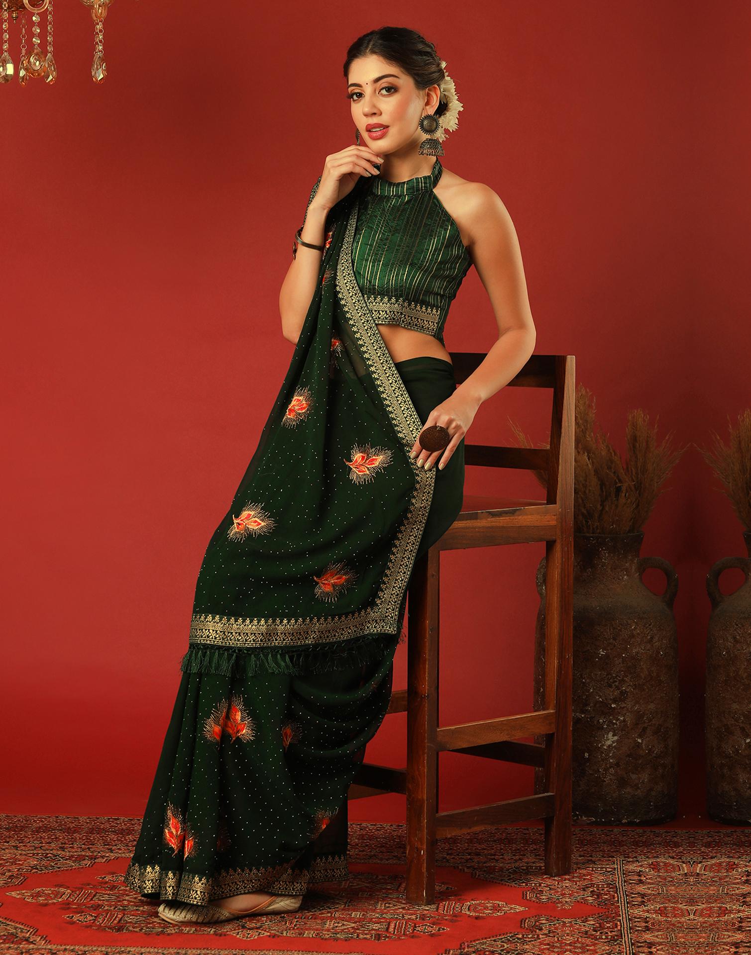 Bottle Green Georgette Stone Work Swarovski Saree - Image 4
