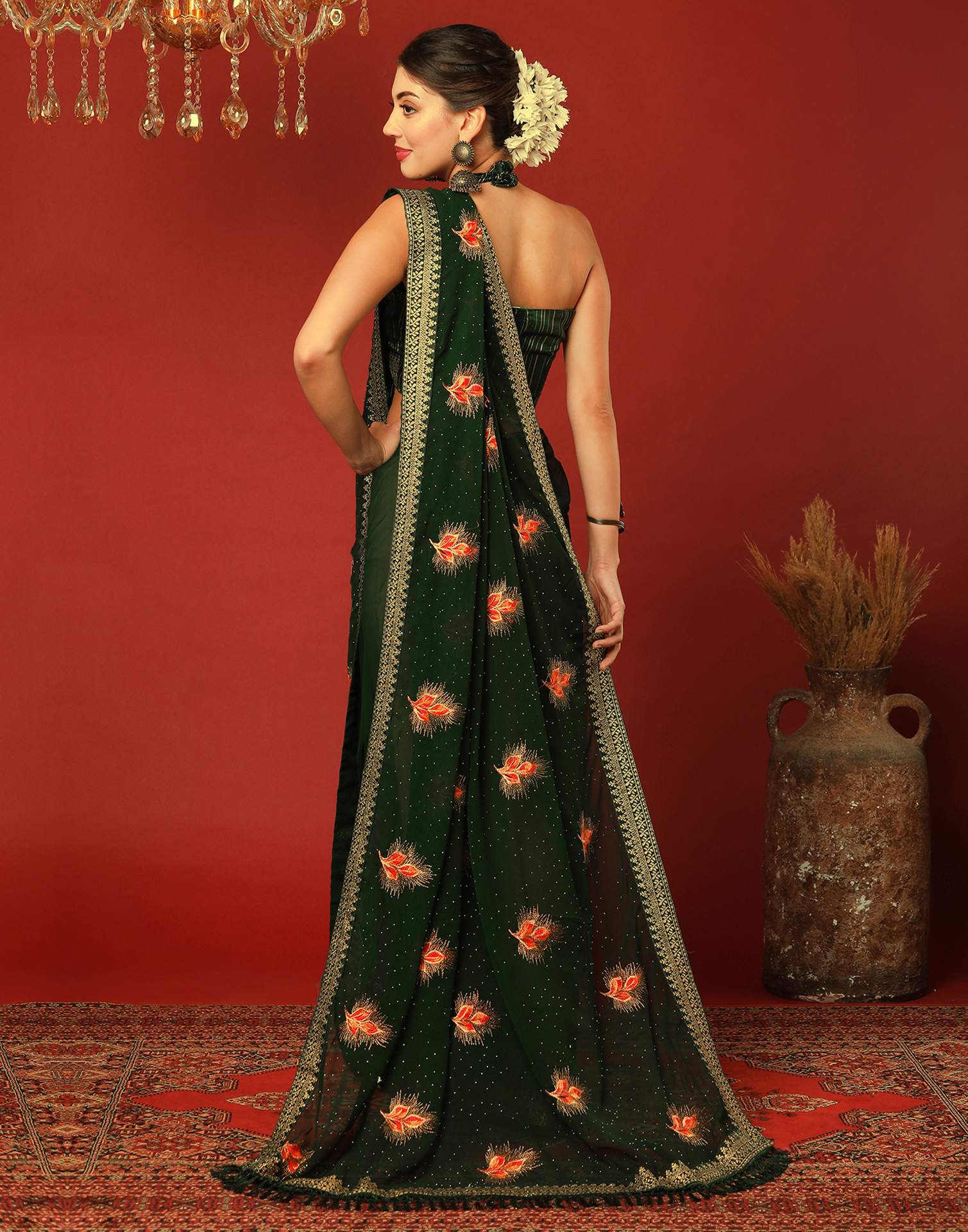 Bottle Green Georgette Stone Work Swarovski Saree - Image 5