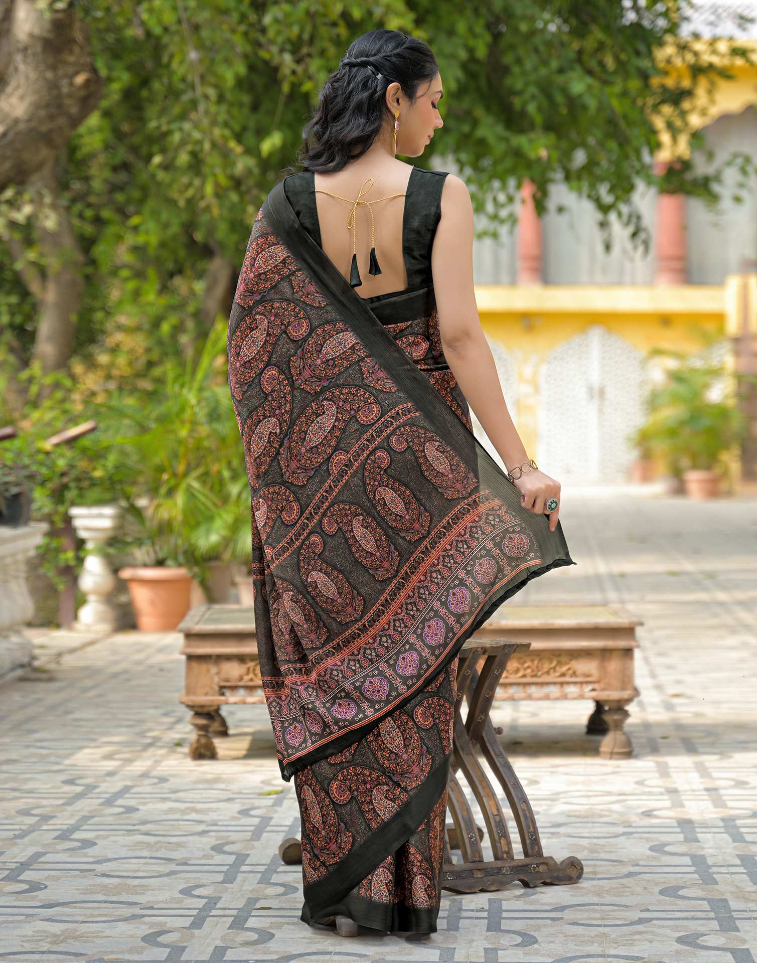 Bottle Green Satin Chiffon Printed Saree - Image 7