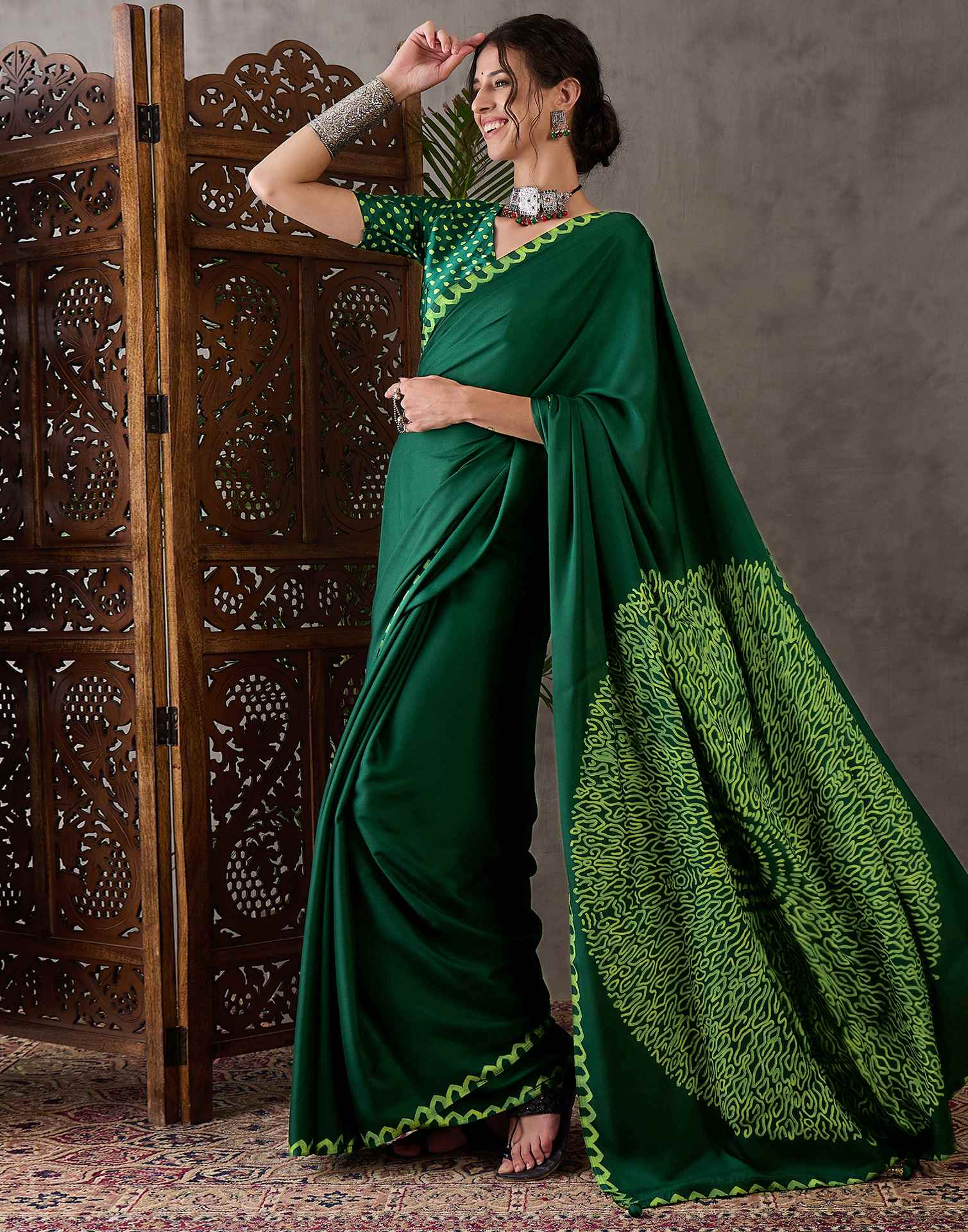 Bottle Green Satin Printed Saree - Image 4