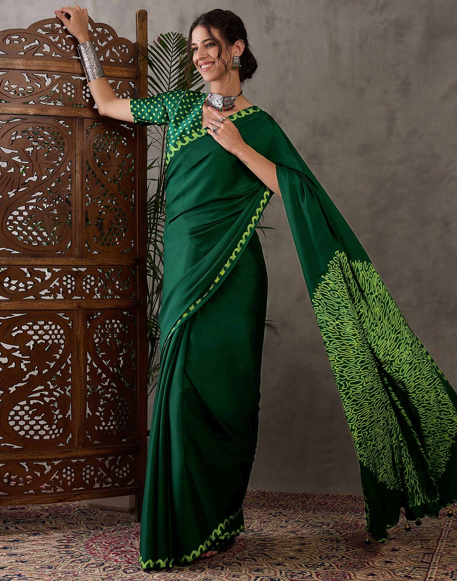 Bottle Green Satin Printed Saree - Image 5