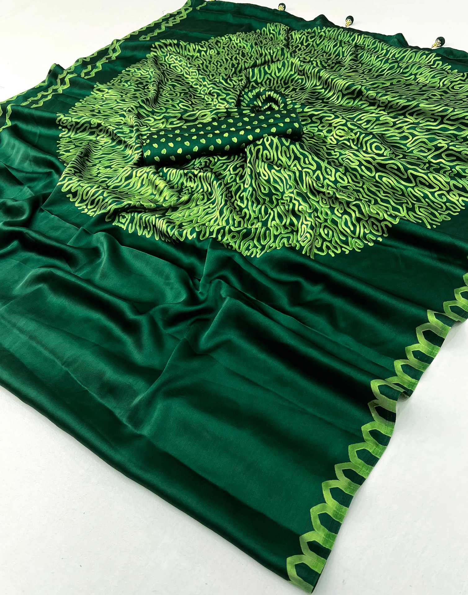 Bottle Green Satin Printed Saree - Image 9